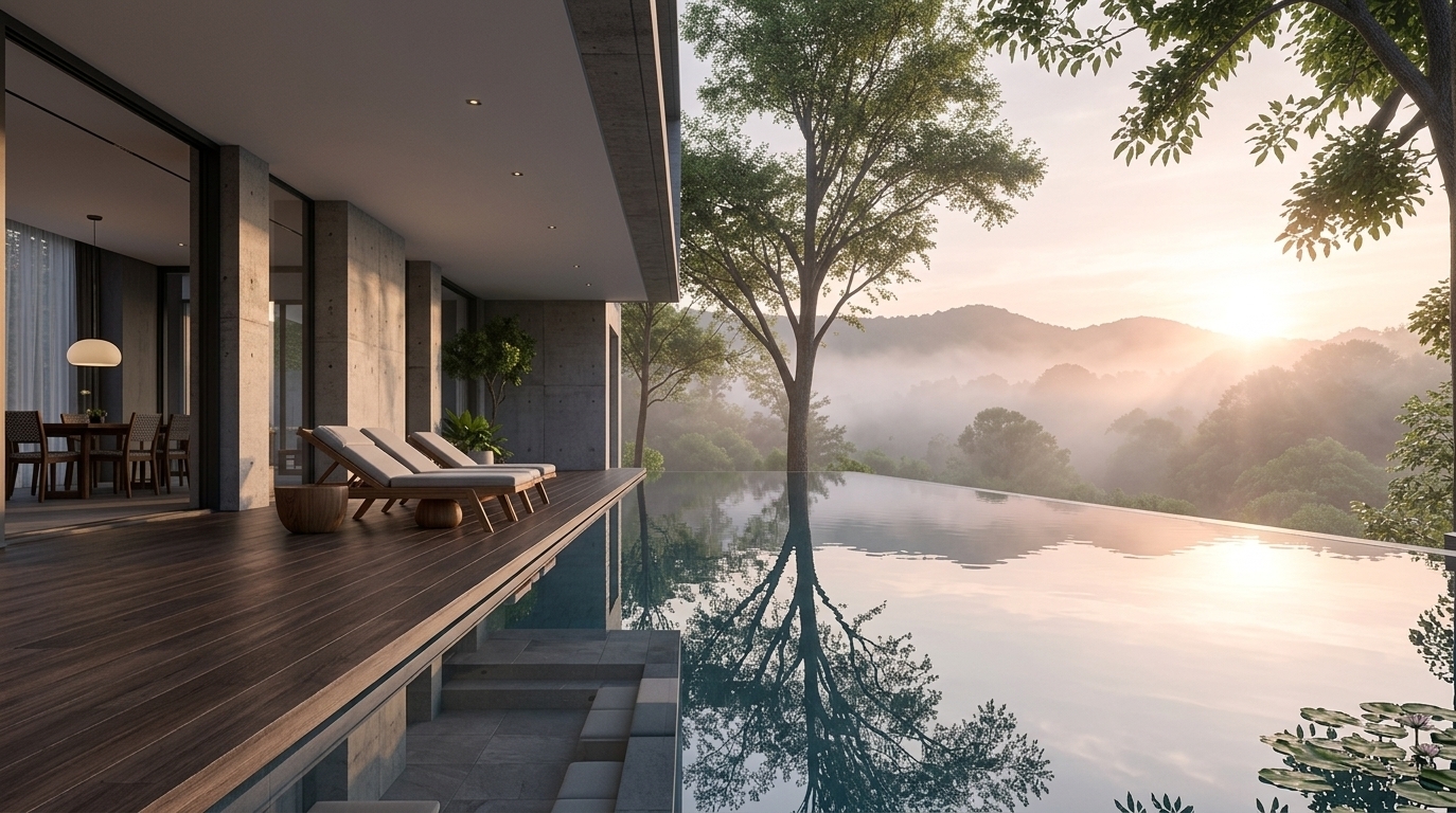 An incredibly lifelike, richly detailed, photorealistic wide-angle architectural shot of a minimalist luxury pavilion and outdoor infinity pool area set in a serene, mist-covered forest valley during early spring. The scene is illuminated by the soft, radiant glow of the setting sun piercing through low-lying valley fog, creating a peaceful, Zen-inspired atmosphere. Captured with a professional medium-format camera and a sharp 24mm tilt-shift lens, emphasizing the tactile textures of raw cast concrete pillars, richly polished dark hardwood decking, and the crystal-clear, mirror-like surface of the pool reflecting the sky and surrounding trees. The design embodies an uncluttered, modern haven, featuring sleek wooden lounge chairs on the cantilevered terrace, seamless floor-to-ceiling glass openings, and an effortlessly integrated interior defined by monochromatic shades of gray, subtle wood tones, and minimalist furnishings that celebrate pure form, function, and harmony with nature.