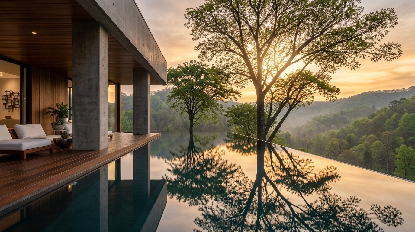 An incredibly lifelike, richly detailed, photorealistic wide-angle architectural shot of a luxurious minimalist outdoor pool terrace set in a tranquil, misty mountain valley during a spring sunset. The scene is illuminated by the radiant golden glow of the setting sun piercing through the branches of a silhouetted tree, creating a serene, warm, and meditative atmosphere. Captured with a high-end full-frame camera and a 24mm tilt-shift lens, emphasizing the raw texture of exposed concrete pillars, polished rich hardwood decking, and the glass-like stillness of the infinity pool that flawlessly mirrors the dramatic sky and surrounding forest. Along the shaded veranda, streamlined low-profile wooden loungers fitted with clean white upholstery provide an uncluttered, zen-inspired aesthetic, while expansive floor-to-ceiling glass reveals a softly lit interior featuring subtle abstract wall art, sleek metal accents, minimal decor, and lush potted indoor plants.