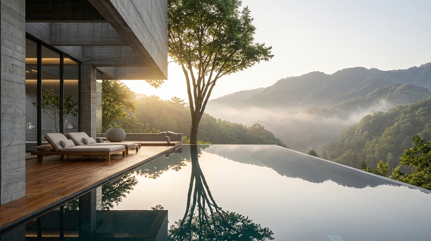 An incredibly lifelike, richly detailed, photorealistic wide-angle architectural shot of a serene minimalist outdoor pool terrace and cantilevered modern villa set in a lush, mist-draped mountain valley during a crisp spring evening. The scene is illuminated by the warm, low-angled golden rays of the setting sun filtering through canopy foliage, creating a peaceful, Zen-inspired atmosphere of quiet luxury. Captured with a professional full-frame camera and a wide-angle tilt-shift lens, emphasizing the tactile raw board-formed concrete, the warm grain of the polished timber deck, and the mirror-like stillness of the infinity pool reflecting the towering tree and rolling fog. Sleek, low-profile wooden loungers with neutral off-white upholstery grace the uncluttered terrace, while expansive floor-to-ceiling glass panels seamlessly connect the deck to a streamlined interior adorned with monochromatic gray finishes, subtle pastel accents, minimalist indoor greenery, and an art photography book resting on a clutter-free surface overlooking the breathtaking wilderness.