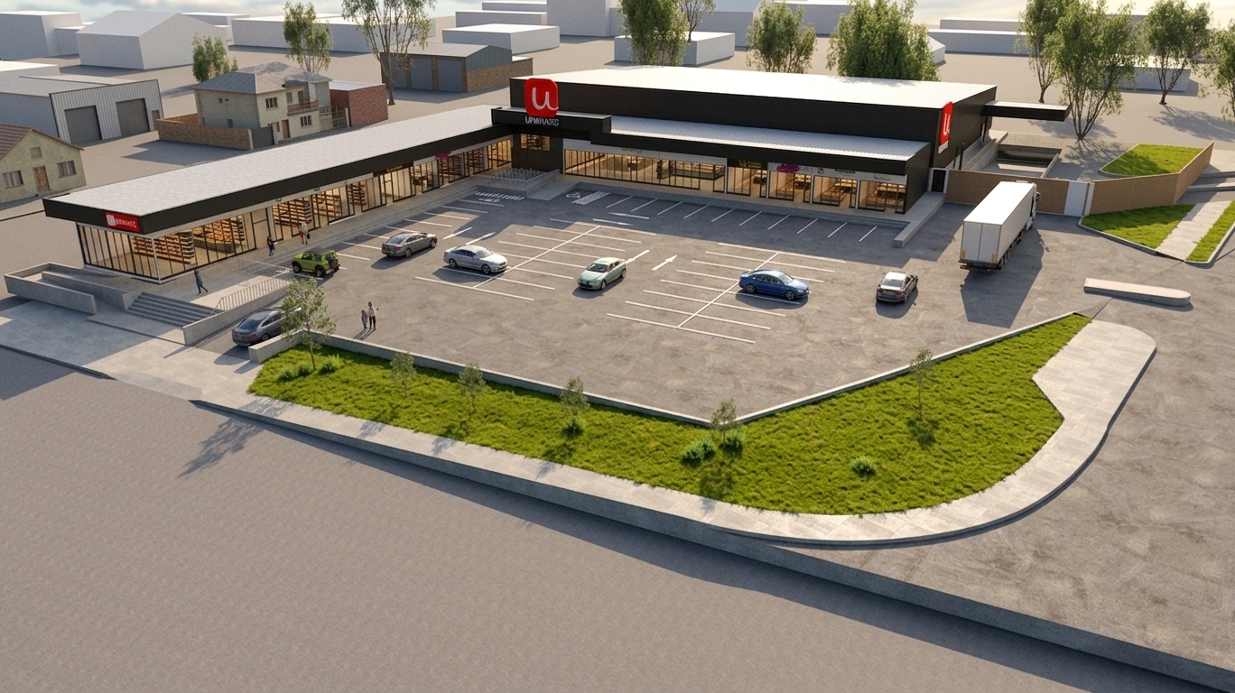 A high-resolution architectural aerial photograph of the commercial shopping center captured on a bright, clear afternoon with crisp natural daylight. The asphalt parking lot exhibits realistic matte textures, subtle tire marks, and sharp painted striping, while the parked vehicles show authentic metallic paint reflections and glass glares. Surrounding grass patches feature natural micro-textures and manicured landscaping edges alongside aggregate concrete walkways. Storefronts display believable interior illumination, semi-reflective architectural glazing, and clean matte-finished building cladding. The composition is grounded by soft directional sun shadows, natural sky reflections, accurate material physics, and subtle optical depth without altering any geometry or layout.
