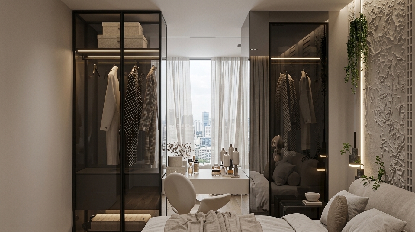 An incredibly lifelike, richly detailed, photorealistic interior eye-level shot of a modern fusion master bedroom and integrated walk-in closet set in a luxury urban high-rise apartment. The scene is illuminated by soft, diffused natural daylight streaming through sheer curtains framing a panoramic city skyline, harmoniously balanced by warm concealed LED strip lighting within modular shelves and sleek hanging pendant lamps, creating a sophisticated and tranquil atmosphere. Captured with a 35mm tilt-shift architectural lens, emphasizing the refined interplay between matte black metallic framework, dark smoked-glass wardrobe reflections, and smooth off-white cabinetry. The open-concept, industrial-inspired modular wardrobe showcases impeccably hung designer garments and organized storage, seamlessly extending toward a minimalist vanity station complete with a sculptural curved chair and artful grooming accessories. To the right, a plush bed adorned with tactile neutral-toned linens and accent pillows rests beside a deeply textured, abstract bas-relief wall panel accented by subtle lush greenery, delivering a bold, geometric, and effortlessly elegant contemporary living space.