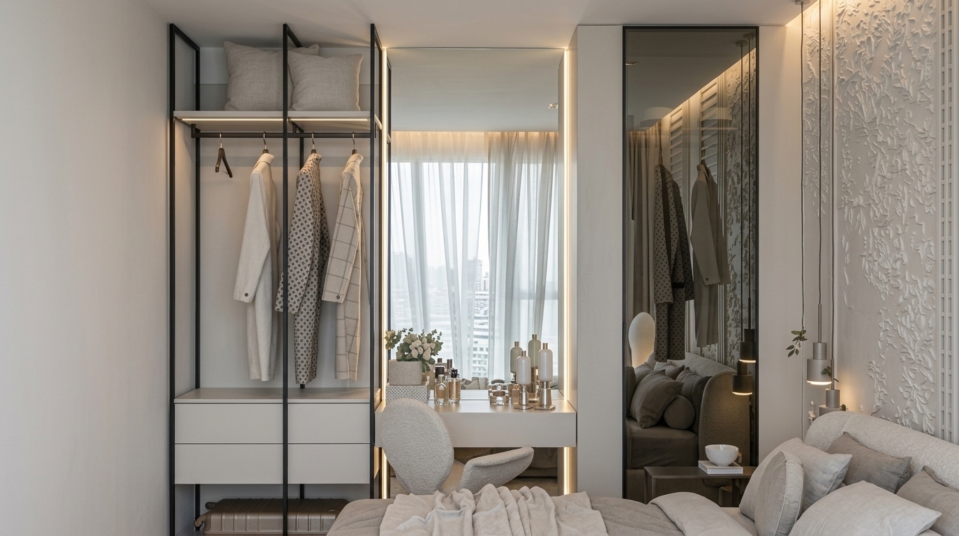An incredibly lifelike, richly detailed, photorealistic interior shot of a sophisticated master bedroom and integrated open-concept dressing suite set in an upscale modern high-rise. The scene is illuminated by soft, diffused daylight streaming through sheer window drapes alongside subtle integrated warm LED backlighting and sleek suspended pendant fixtures, creating an airy, refined, and tranquil atmosphere. Captured with a professional 35mm architectural lens, emphasizing a harmonious palette of warm white, pearl, champagne, and soft gray across diverse tactile materials. On the left, an open modular wardrobe defined by slender matte-black metal framework holds neatly organized designer garments above smooth, handleless pull-out drawers, leading to a minimalist floating vanity desk adorned with curated glass perfume bottles and a sculptural, tailored boucle armchair facing an expansive mirror. To the right, a floor-to-ceiling tinted glass closet reflects the urban horizon, perfectly complementing the plush upholstered bed dressed in muted, layered linens and pillows, all anchored against an intricately textured abstract relief feature wall that exudes contemporary elegance and understated luxury.