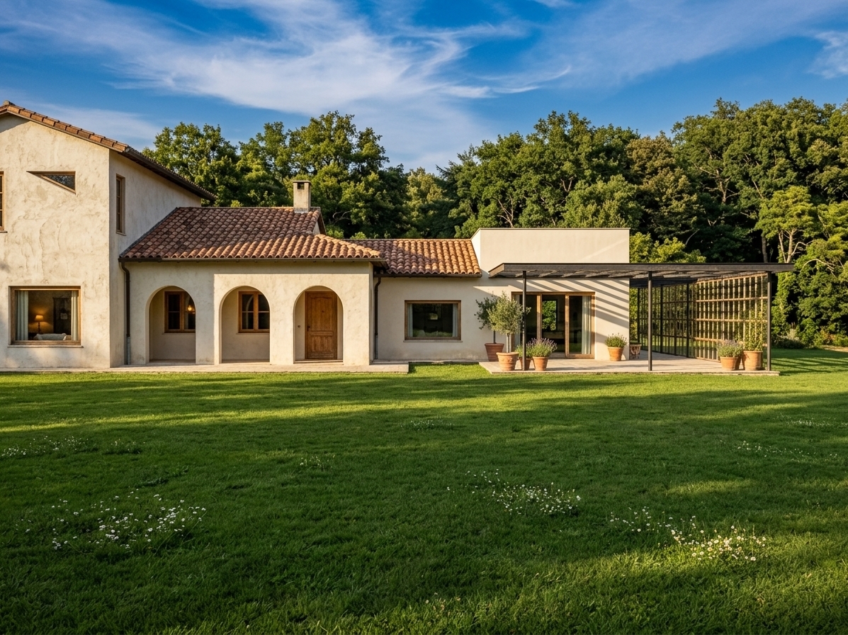 An incredibly lifelike, richly detailed, photorealistic wide-angle exterior architectural shot of a charming French provincial country home set in an idyllic, tree-lined pastoral landscape. The scene is illuminated by warm, golden afternoon sunlight filtering across a dramatic azure sky, creating an inviting, romantic, and cozy atmosphere. Captured with a full-frame architectural camera and a precise tilt-shift lens, emphasizing the textured finish of weathered cream stucco walls, warm terracotta barrel-tile roofing, and distressed natural wood window frames. The graceful arched portico and adjacent open pergola patio seamlessly bridge indoor and outdoor living, hinting at an interior adorned with vintage French-inspired furnishings, soft pastoral wall accents in shades of warm neutral and soft blue, and lush potted greenery that together exude timeless provincial elegance and rustic warmth across a sprawling emerald lawn.