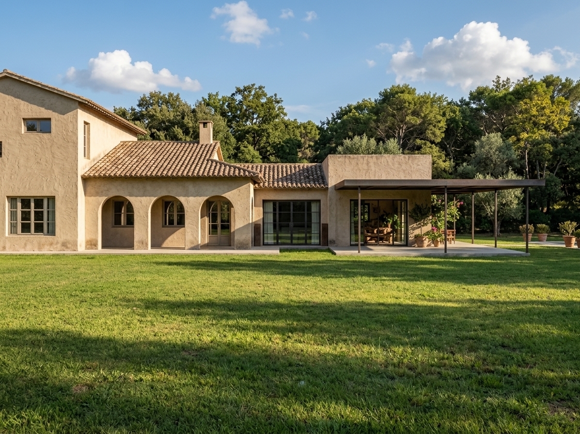 An incredibly lifelike, richly detailed, photorealistic wide eye-level exterior shot of a Mediterranean retreat set in an expansive, sun-drenched countryside landscape bordered by lush woodlands. The scene is illuminated by crisp, warm afternoon sunlight casting soft geometric shadows, creating a relaxed, rustic, and inviting atmosphere. Captured with a professional 35mm architectural lens, emphasizing textured sand-toned stucco walls, aged terracotta roof tiles, and sleek dark metal framing on the open-air patio pergola. Large sliding glass doors and arched breezeways seamlessly connect the vast green lawn to the warm, earth-toned interior spaces, finished with subtle glimpses of rustic wooden furniture, Mediterranean-inspired decor, and lush potted greenery under a vibrant, cloud-dappled azure sky.