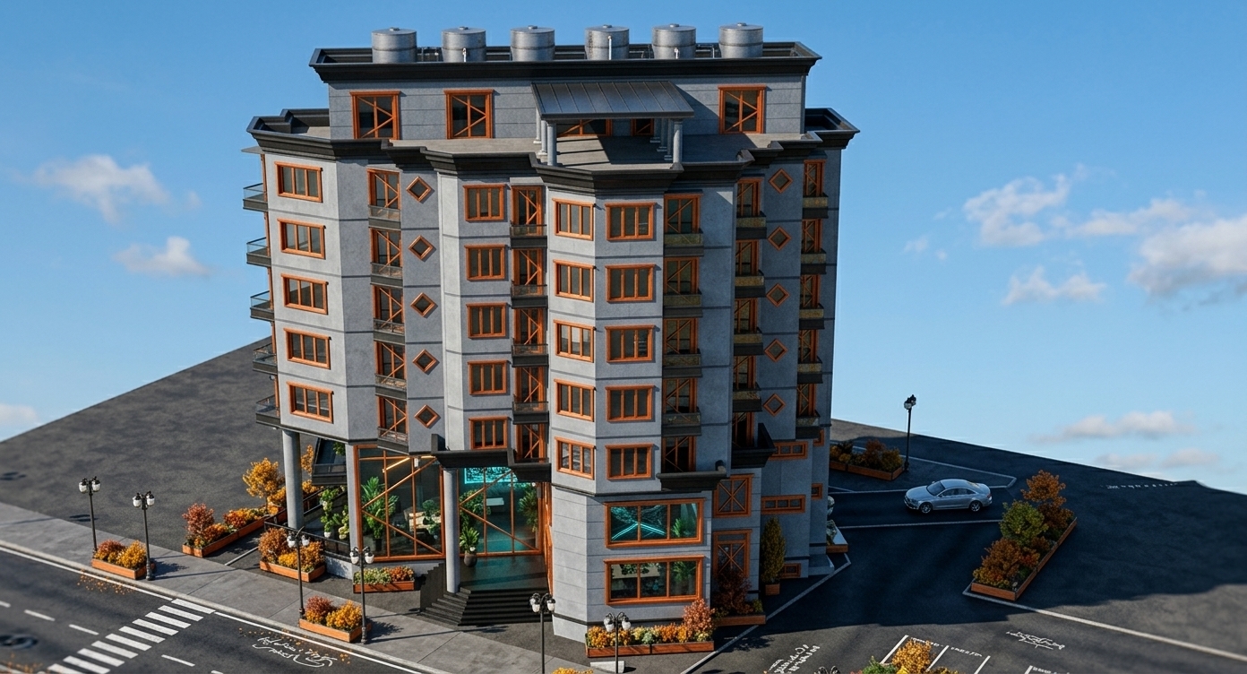 An incredibly lifelike, richly detailed, photorealistic elevated exterior shot of a multi-story corner coworking and mixed-use hub set in a dynamic urban intersection during a crisp autumn midday. The scene is illuminated by bright, clear daylight contrasted with subtle neon-amber and cyan glow emanating from within, creating a gritty yet sleek neon-noir atmosphere. Captured with a 35mm tilt-shift architectural lens, emphasizing the building's faceted cool-gray facade, dark trim, angular cantilevered balconies, and vibrant orange window casements. Through the expansive ground-floor glazing, high-tech coworking interiors come alive with minimalist blackened-metal and glass furnishings, holographic wall displays, and lush indoor greenery, while the surrounding asphalt pavement, contemporary street lamps, and autumn planter boxes seamlessly anchor this high-tech urban structure.