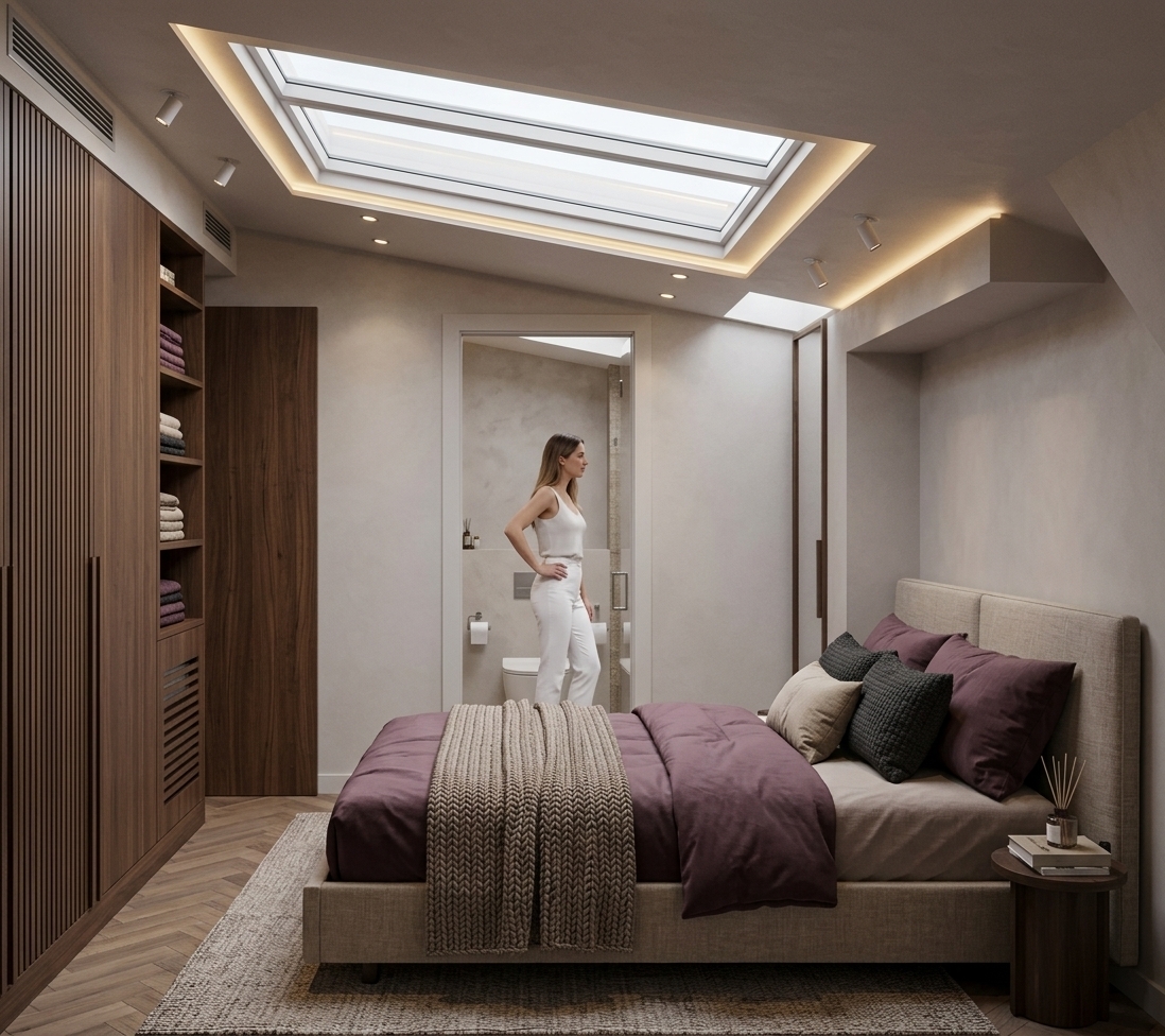 An incredibly lifelike, richly detailed, photorealistic eye-level interior shot of a tranquil master bedroom set in a luxury contemporary attic residence. The scene is illuminated by soft, diffused daylight pouring through a sleek geometric skylight, harmoniously balanced by warm concealed LED cove lighting and recessed ceiling spotlights, creating a serene and sophisticated atmosphere. Captured with a professional full-frame camera and a 35mm tilt-shift lens, emphasizing the tactile textures of the chunky knit throw blanket, the deep plum and muted beige bedding, the smooth matte wall finishes, the rich walnut wood cabinetry, and the precise, elegant herringbone hardwood flooring leading toward the minimalist en-suite bathroom.