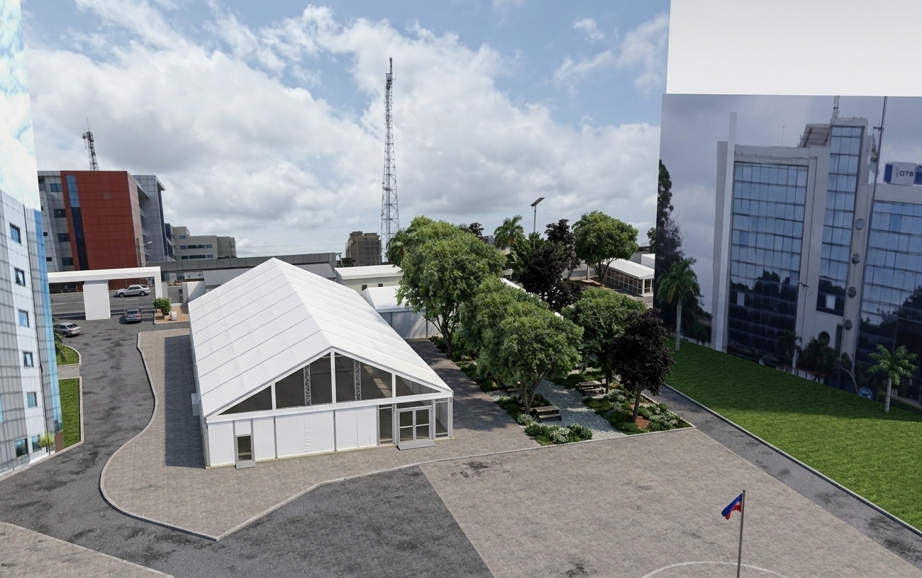 A high-resolution architectural photograph capturing the exact scene under soft daylight with a partly cloudy sky. The large event marquee is fully enclosed with taut, realistic white PVC tarpaulin sidewalls, framed glass doors, and a sturdy metal truss framework. The surrounding ground features realistic asphalt and textured concrete paving, vibrant natural grass, and lush, detailed trees casting soft shadows across the garden seating area. Surrounding urban office buildings exhibit authentic glass reflections and concrete textures. The image is rendered with a clean wide-angle architectural lens perspective, balanced natural exposure, lifelike material micro-textures, and accurate depth of field.