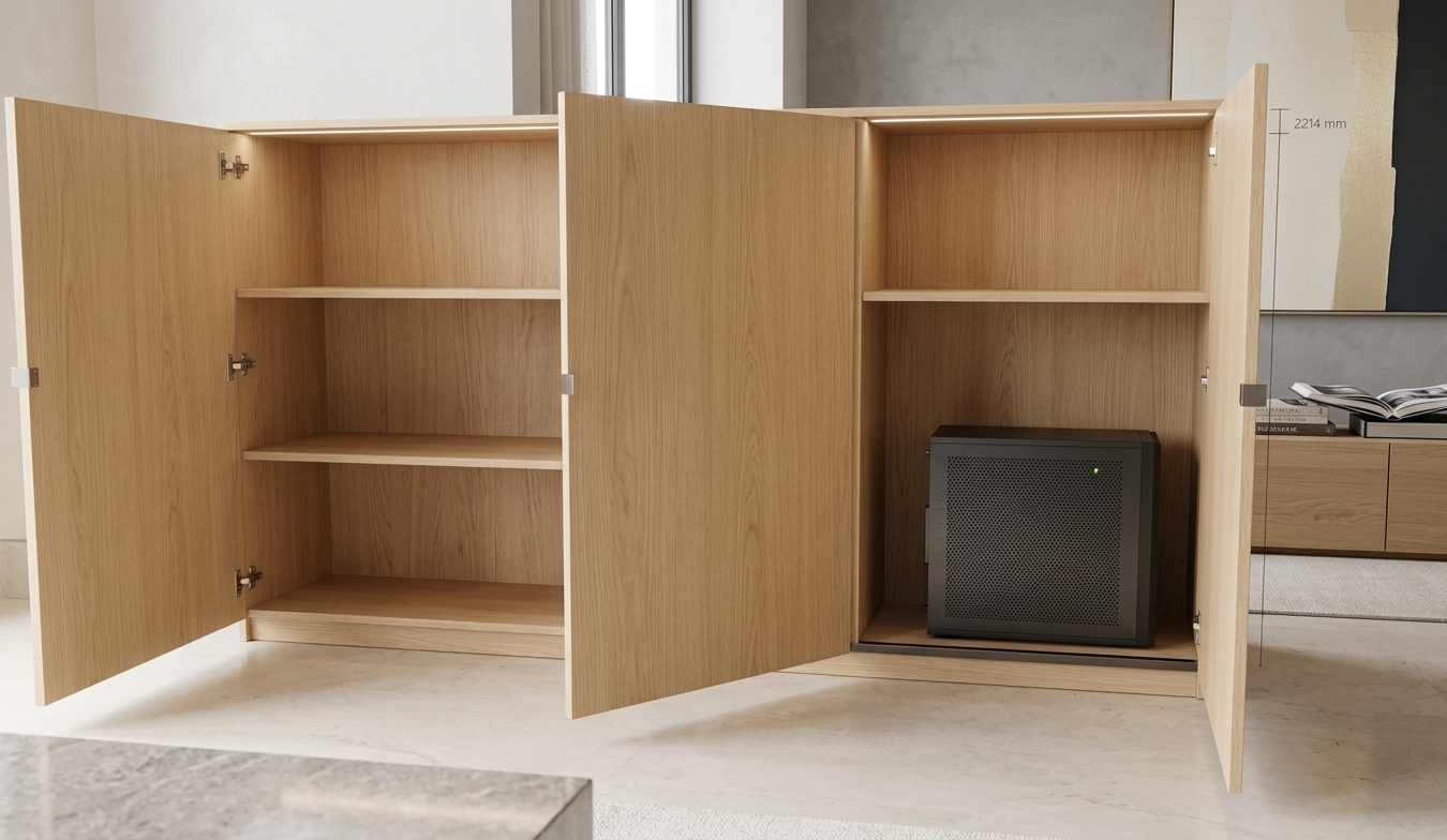 An incredibly lifelike, richly detailed, photorealistic eye-level interior shot of a bespoke light-oak millwork cabinet set in a contemporary, refined study room. The scene is illuminated by diffused natural daylight and subtle ambient glow from sculptural lighting fixtures, creating an airy, sophisticated, and tranquil atmosphere. Captured with a 50mm f/2.8 lens with a crisp focus, emphasizing the fine organic grain of the blonde wood, slim metal hardware accents, and seamless joinery. The open-door storage unit reveals tailored shelves perfectly scaled for technology and storage, surrounded by a harmoniously balanced palette of warm white, pearl, champagne, and soft gray. In the thoughtfully styled room, polished stone surfaces, curated decor, an open fine-art photography book, and oversized minimalist abstract wall art complete the effortlessly elegant, high-end design.