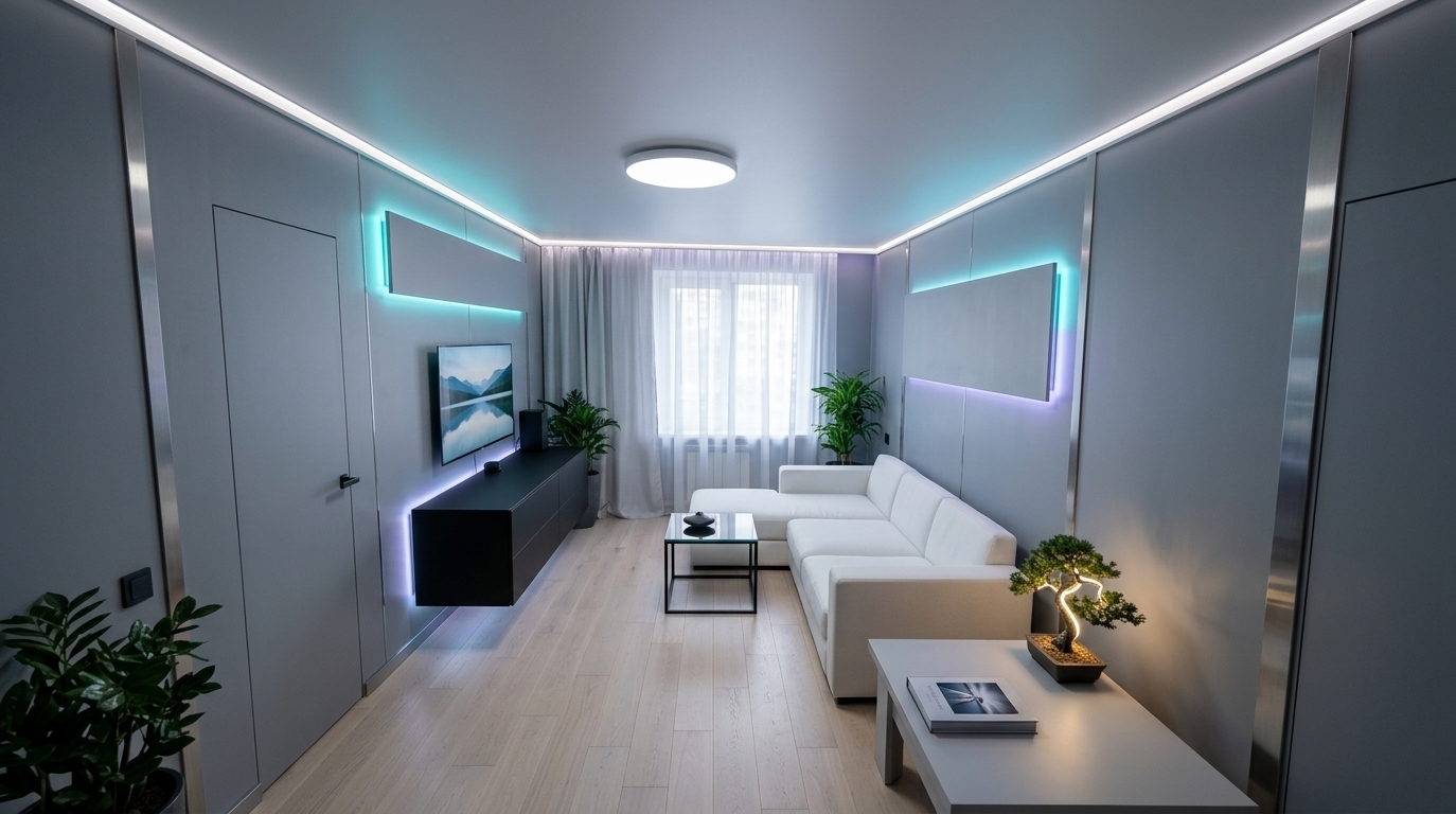 An incredibly lifelike, richly detailed, photorealistic wide-angle interior shot of a reimagined Digital Zen living room set in a high-tech modern apartment. The scene is illuminated by soft, recessed smart LED perimeter lighting paired with subtle cyan and lavender neon strip accents and filtered daylight from the sheer-draped window, creating a tranquil, futuristic, and uncluttered atmosphere. Captured with a full-frame camera and a 16-35mm f/2.8 ultra-wide lens, emphasizing the matte cool-gray wall paneling, polished brushed-metal trims, reflective tempered glass surfaces, and lush greenery. 

The narrow room is transformed into a streamlined sanctuary featuring a low-profile, minimalist modular sofa in crisp white performance fabric, contrasted with sleek black metal and floating glass coffee tables. An elegant hardcover photography book and a delicate, backlit Zen bonsai tree adorn the ultra-clean surfaces. The opposite wall showcases an ultra-thin, borderless digital landscape wall art display radiating calm nature vistas above a floating, handleless media console. Clutter-free lines, hidden smart-storage solutions, seamless light-ash hardwood flooring, and a harmonious balance of cyberpunk aesthetics with serene Japanese minimalism turn this once-crowded space into an innovative, deeply calming living environment.