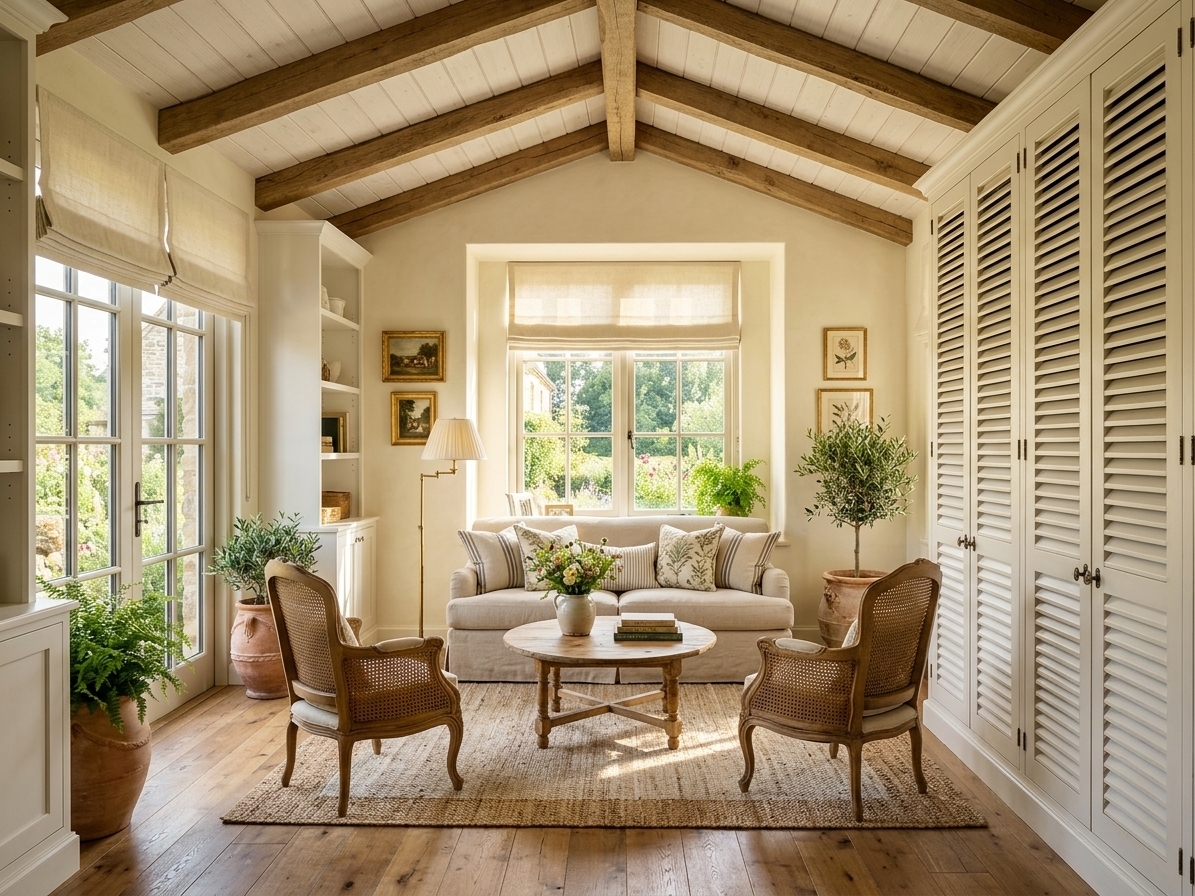 An incredibly lifelike, richly detailed, photorealistic wide-angle interior photograph of a charming French Country veranda-style lounge and sunroom set in an idyllic countryside home. The scene is illuminated by warm, golden afternoon sunlight pouring through the generous French windows and patio doors, complemented by the soft glow of a floor lamp, creating a serene, peaceful, and delightfully cozy atmosphere. Captured with a 35mm prime lens on a full-frame camera, emphasizing the natural textures of weathered wood beams, crisp slatted louvered cabinetry, slubby linen fabrics, and vibrant botanical foliage.

The transformation turns the raw construction shell into an elegant, airy relaxation haven infused with Provencal warmth and refined craftsmanship:

* **Ceiling & Structural Elements:** The overhead ceiling is finished with white-washed tongue-and-groove planking accented by heavy, exposed rustic oak timber beams that add architectural depth, rhythm, and historic farmhouse character.
* **Storage Wall (Right Side):** Covering the entire right wall from floor to ceiling is a bespoke, built-in wardrobe finished in a soft antique off-white. The doors feature classic, handcrafted louvered shutter panels with delicate antiqued iron latches and pulls, seamlessly hiding extensive storage while serving as a major textural design feature.
* **Seating & Furniture Arrangement:** Centered within the sunlit alcove is a plush, deep-seated slipcovered sofa in an oatmeal-toned washed linen, generously layered with plump cushions featuring vintage ticking stripes and subtle botanical prints. Flanking the sofa are two elegant French country armchairs with curved wooden frames and cane-back details, gathered around a low, round coffee table crafted from reclaimed weathered pine holding a ceramic vase with fresh cut garden flowers and vintage art books.
* **Window Treatments & Lighting:** The large windows and French patio door are dressed with tailored Roman shades made from breathable, natural flax linen in a neutral cream tone. Next to the seating cluster stands a slender brass floor lamp topped with an ivory pleated fabric shade, casting a gentle, ambient radiance.
* **Wall Decor & Greenery:** The creamy lime-washed walls are decorated with a curated gallery collection of small, gold-gilt framed oil paintings depicting pastoral landscapes and delicate botanical studies. Tall, potted Tuscan olive trees and lush Boston ferns in weathered terracotta urns are placed thoughtfully near the corners, harmonizing the indoor lounge with the lush garden views visible just beyond the glass.
* **Flooring:** Underneath, the floor is laid with warm, wide-plank distressed French oak (or aged herringbone brick tiles), grounded by a soft, textured natural jute and woven wool area rug that ties the entire tranquil setting together.