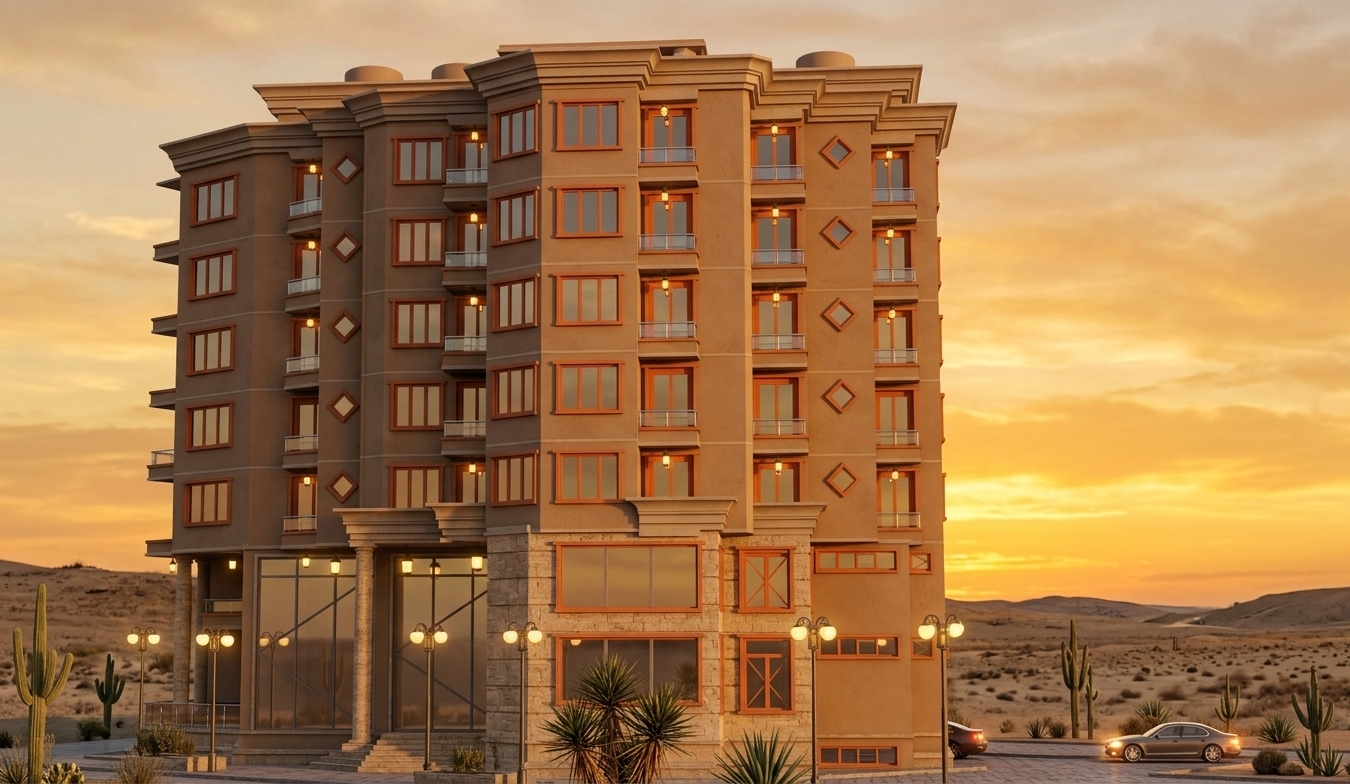 An incredibly lifelike, richly detailed, photorealistic low-angle exterior architectural perspective of a contemporary multi-tiered retreat and exhibition facility set in an expansive, arid Southwestern desert during a crisp winter evening. The scene is illuminated by the radiant, low-angled golden glow of a winter sunset, creating a tranquil, sun-drenched, and warm atmosphere. Captured with a professional tilt-shift architectural lens, emphasizing smooth earth-toned plaster surfaces, terracotta-trimmed fenestration, sleek glazed balconies, and clean geometric lines. The multifaceted building showcases dynamic articulated bays with symmetrical orange-framed window arrays, subtle diamond wall accents, and warm ambient lantern lighting along each terrace. At the base, grand double-height exhibition storefronts flanked by classical entryway columns seamlessly connect the interior gallery spaces with stone-paved plazas, classic street lanterns, and sparse native desert cacti.