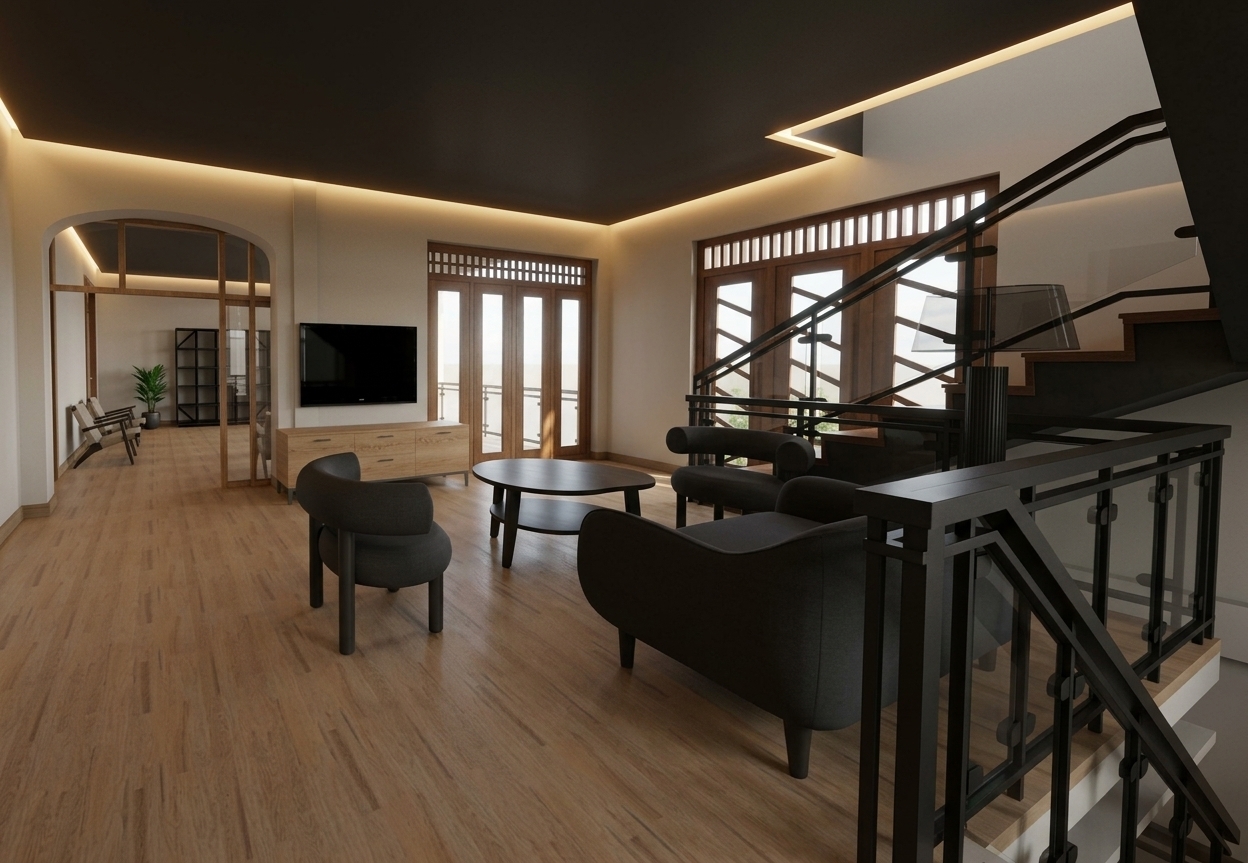 A photorealistic architectural photograph of the modern living room, preserving the exact spatial layout, furniture placement, and perspective. The space is illuminated by soft, warm interior ambient lighting and a gentle, warm cove light glow along the ceiling perimeter, balanced with soft diffused daylight through the wooden-framed glass doors. The curved charcoal armchairs and sofa feature rich, matte fabric textures, complemented by realistic grain on the light oak hardwood floors and wooden cabinetry. The black metal staircase railings and dark accents exhibit clean, semi-matte finishes, captured with balanced exposure, natural soft shadows, and crisp photographic clarity.