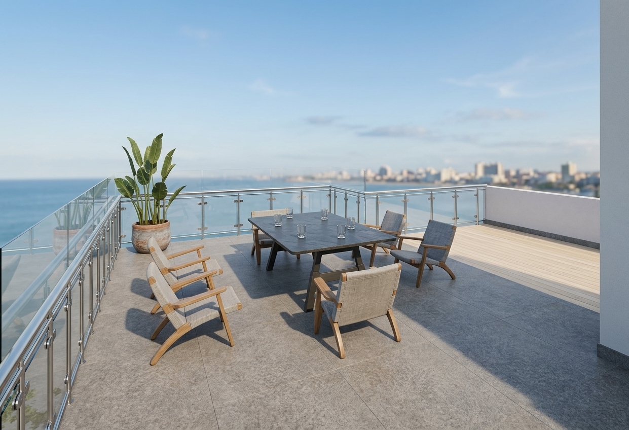 A bright, naturally lit photograph of the outdoor rooftop terrace under a clear sky, maintaining the exact composition and layout. The dining table features a realistic matte dark surface, surrounded by wooden armchairs with rich natural wood grain and light textured fabric upholstery. The modern glass and stainless-steel railings display subtle environmental reflections and realistic transparency. The stone floor shows authentic textural grain and cast sunlight shadows. The potted plant in the corner features lush, detailed green leaves with natural subsurface scattering. Captured on a wide-angle architectural lens with warm daylight, balanced contrast, sharp material details, and a clean, realistic finish.
