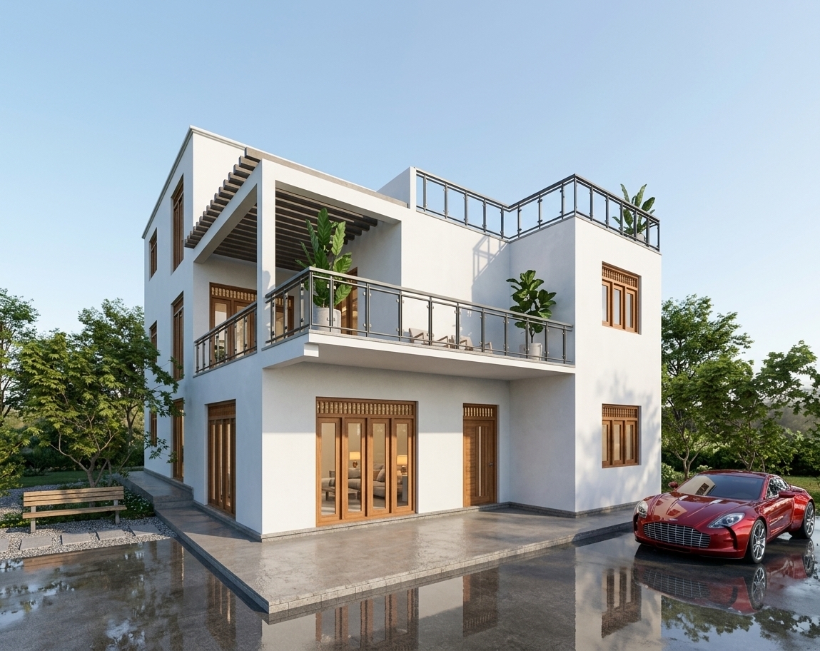 A crisp architectural photograph capturing the modern two-story home in bright, natural daylight. The white exterior walls exhibit subtle stucco micro-textures, while the dark railings feature matte metallic finishes and the doors and window frames display rich, natural wood grain. The red sports car reflects the sky and surrounding foliage with realistic glossy automotive paint. The concrete terrace and ground have authentic surface textures with soft contact shadows cast by the structure. Shot with a sharp tilt-shift architectural lens, balanced high dynamic range, natural color temperature, and gentle atmospheric clarity preserving the exact layout, geometry, and composition.