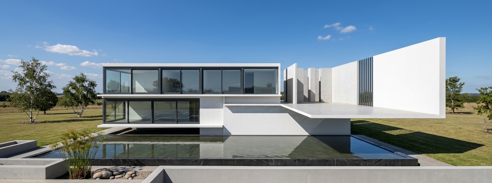 An incredibly lifelike, richly detailed, photorealistic wide-angle exterior architectural photo of a sleek, two-story modern residence functioning as a minimalist home office haven, set in a pristine, expansive landscape under a clear blue sky. The scene is illuminated by bright, natural sunlight casting clean, sharp geometric shadows beneath the dramatic cantilevered floor slabs, creating a calm, inspiring, and sophisticated atmosphere. Captured with a 24mm tilt-shift architectural lens, emphasizing the ultra-smooth texture of white rendered concrete walls, dark graphite-framed floor-to-ceiling panoramic glazing with subtle reflections, and a seamless flow of minimalist interior partitions designed for focused productivity and contemporary living.
