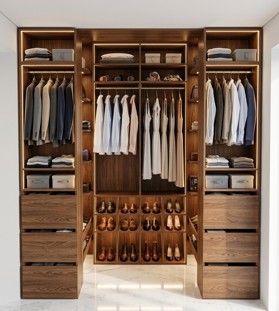 An incredibly lifelike, richly detailed, photorealistic straight-on interior shot of a bespoke walk-in wardrobe system set in a luxurious modern master suite. The scene is illuminated by warm, concealed perimeter LED strip lighting lining the cabinetry and soft, bright midday summer sunlight, creating an inviting, serene, and sophisticated atmosphere. Captured with a 35mm architectural lens, emphasizing the tactile richness of deep end-grain oak joinery, exquisite wood grain patterns, and seamless finishes. Crisp linen garments, tailored jackets, and shirts hang gracefully from the integrated metal wardrobe rails, while upper and side shelves hold neatly folded clothing and curated storage boxes. In the lower central shelving unit, an impeccably arranged collection of designer leather shoes and stylish footwear occupies every cubby. Below, a gleaming, lightly veined white polished marble floor beautifully reflects the warm ambient lighting, beneath a clean, minimalist matte white ceiling.