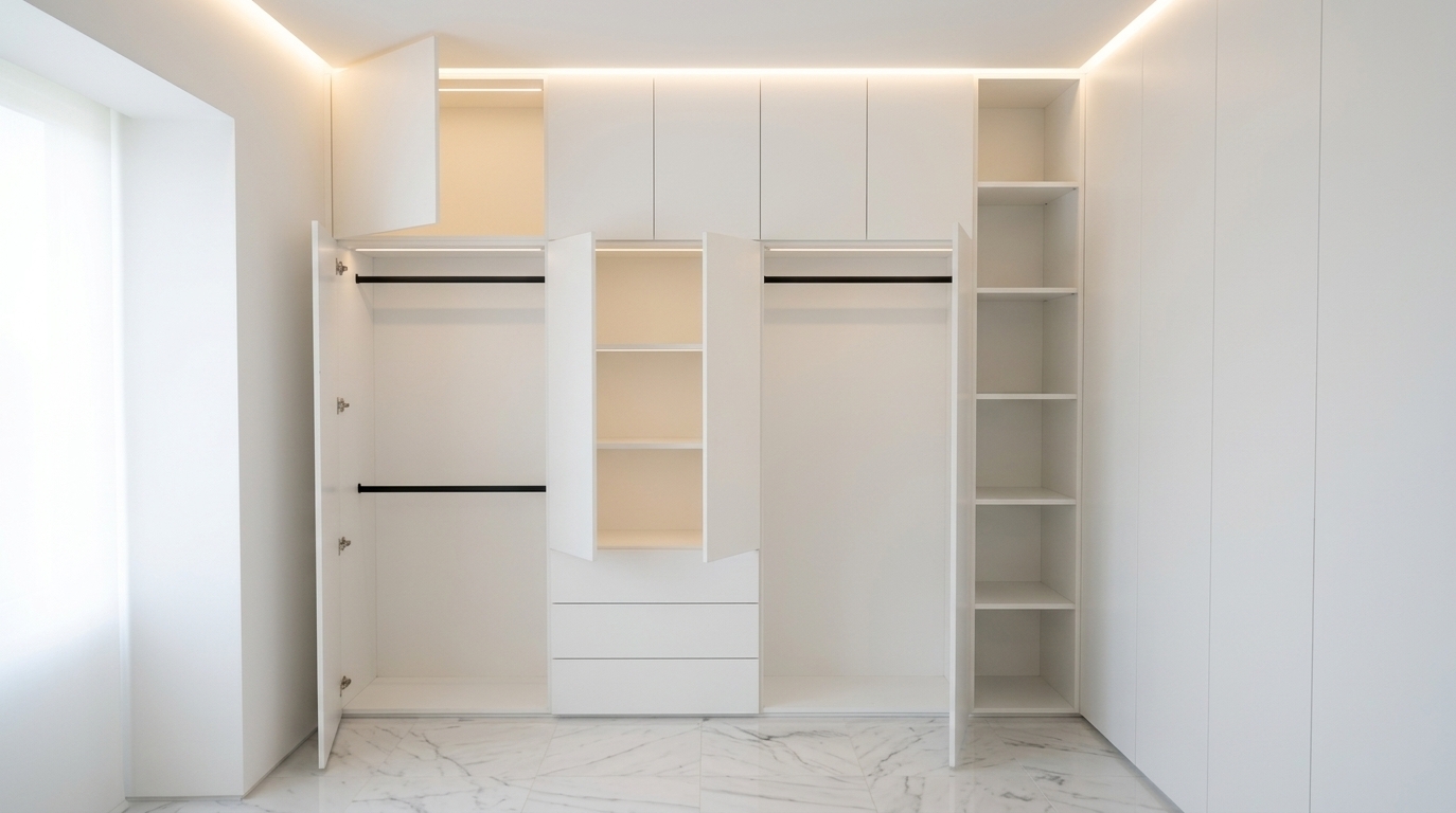 An incredibly lifelike, richly detailed, photorealistic wide-angle interior shot of a custom floor-to-ceiling built-in walk-in closet system set in a luxurious, minimalist modern dressing room. The scene is illuminated by soft, diffused midday spring daylight integrated with concealed, warm ambient LED cove lighting along the perimeter, creating a serene, calm, and digital zen atmosphere. Captured with a high-end 24mm tilt-shift architectural lens, emphasizing ultra-smooth matte white lacquer cabinetry surfaces, sleek matte black metal hanging rails, and glossy white Carrara marble floor tiles with subtle grey veining reflecting gentle ambient light. The functional and balanced composition reveals a meticulously structured layout: a tall open shelving tower on the far right, two spacious clothing hanging compartments with integrated overhead lofts, and a central organization hub featuring open shelving above three flush, minimalist pull-out drawers, all embodying modern sophistication and clutter-free tranquility.