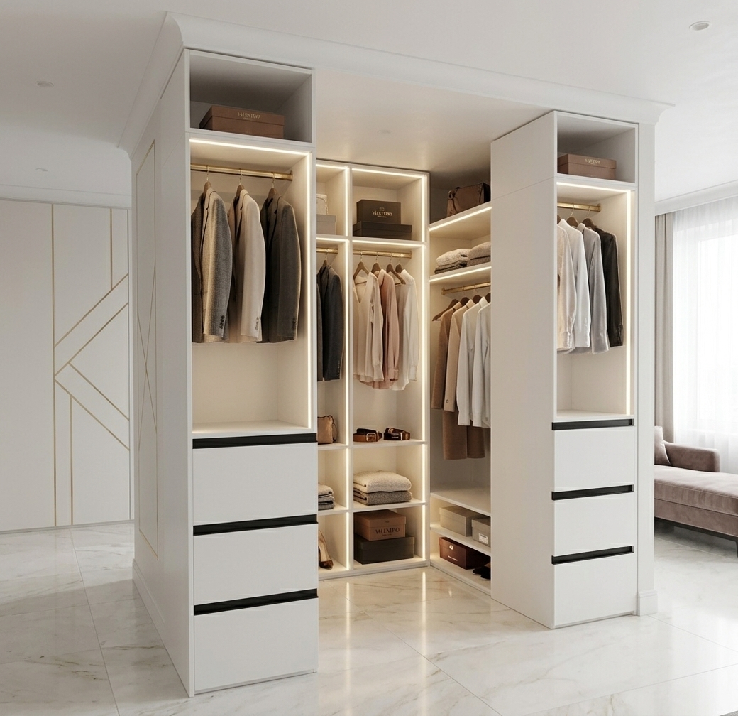 An incredibly lifelike, richly detailed, photorealistic interior photograph of a bespoke walk-in wardrobe set in a glamorous Art Deco-inspired luxury dressing room during a bright summer midday. The scene is illuminated by sleek, integrated warm-white perimeter LED backlighting running along the interior shelves and frame edges, complemented by soft ambient midday daylight to create an upscale, sophisticated atmosphere. Captured with a professional 24mm architectural lens, emphasizing the pristine matte texture of the Nymphaea Alba white cabinetry, the contrasting recessed matte black Gola profile drawer handles, and the gentle gloss of the light polished marble floor beneath a clean, smooth white ceiling. Tailored designer clothing, elegant blazers, and shirts hang neatly from the refined metallic closet rods, while folded luxury garments, boutique shoe boxes, and curated leather accessories fill the open cubbies and shelves with effortless, high-end elegance.