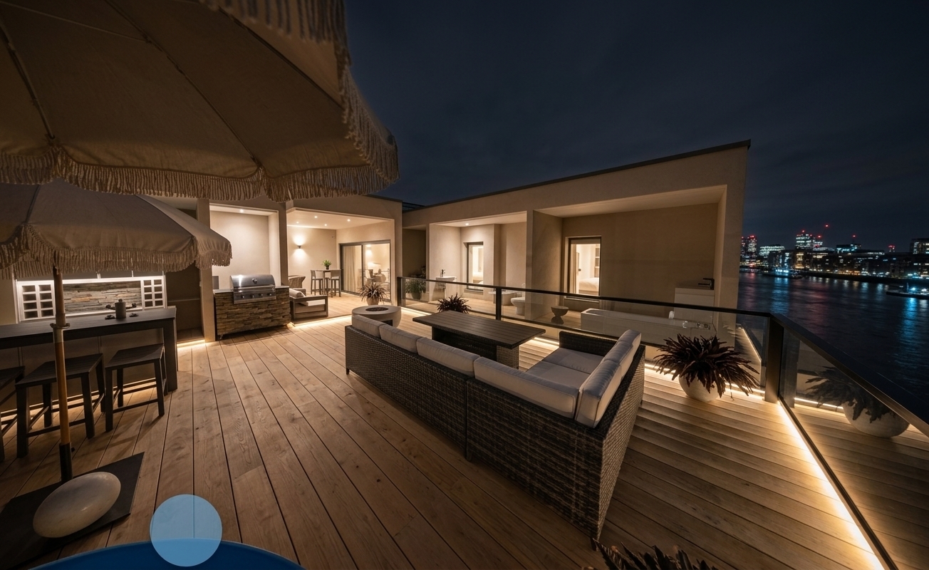 An incredibly lifelike, richly detailed, photorealistic wide-angle architectural shot of an expansive second-floor outdoor terrace set in an exclusive riverside development overlooking the River Thames. The scene is illuminated by warm, concealed perimeter deck lighting, soft ambient glows spilling from the minimalist interior suites, and the shimmering, moody reflections of city lights along the water under a dark night sky, creating an intimate, upscale atmosphere touched by a gentle coastal breeze. Captured with a professional 24mm tilt-shift architectural lens, emphasizing the fine natural grain of the light-toned timber decking, tactile charcoal all-weather wicker sectional with crisp off-white cushions, sleek black-metal and glass railings, and a fully equipped outdoor barbecue and bar station shaded by a fringed canopy parasol.