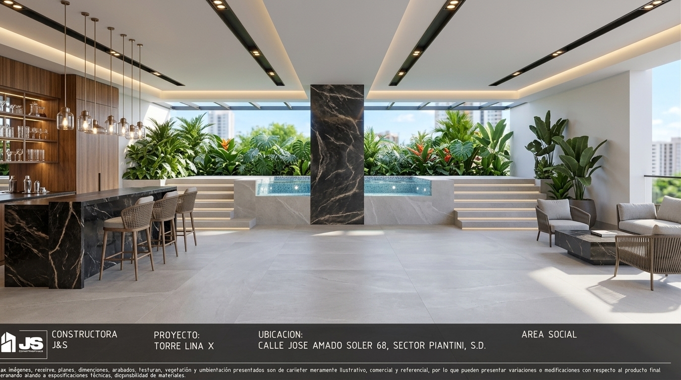 An incredibly lifelike, richly detailed, photorealistic wide-angle architectural shot of a modern fusion residential social terrace and outdoor pool lounge set in an upscale urban high-rise during a bright summer midday. The scene is illuminated by soft ambient daylight paired with warm hidden cove LEDs, linear recessed ceiling tracks, and elegant metallic pendant fixtures, creating an inviting, sophisticated, and tranquil atmosphere. Captured with a professional 24mm tilt-shift lens, emphasizing the refined textures of large-format matte stone flooring, bold dark veined marble on the central pillar and bar, rich vertical wood millwork, and the shimmering, crystal-clear water of an elevated glass-walled plunge pool. The open-concept space seamlessly integrates a sleek bar with woven contemporary high-top stools, a cozy modular seating area centered around a dark stone coffee table displaying an open photography book, and symmetrically terraced steps leading to the pool, all set against a vibrant living backdrop of lush tropical greenery.