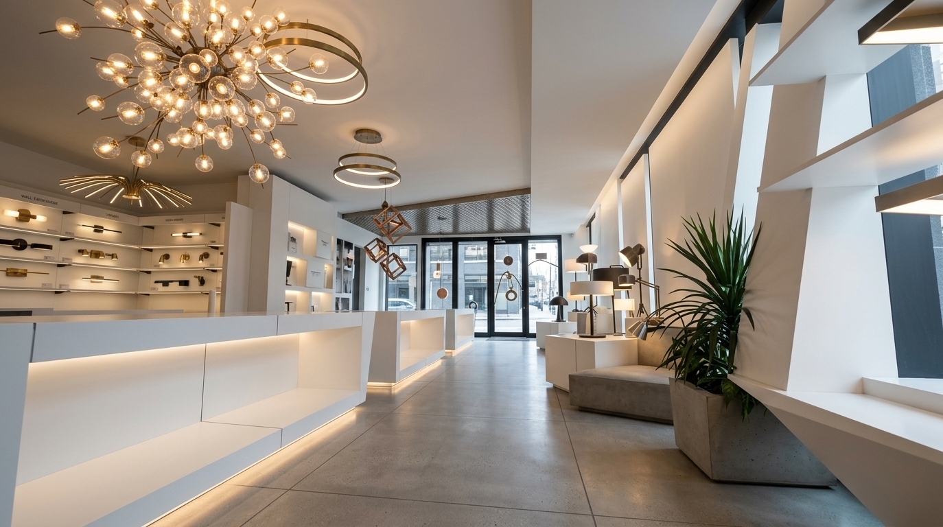 An incredibly lifelike, richly detailed, photorealistic wide-angle interior shot of a modern fusion lighting showroom and design workshop set in an upscale urban commercial space. The scene is illuminated by glowing globe chandeliers, brass halo pendants, and soft, concealed under-counter LED strips, creating a sleek, dynamic, and inviting atmosphere. Captured with a professional full-frame architectural camera using an ultra-wide tilt-shift lens, emphasizing the smooth white modular display units, fine-grain concrete floor tiles, polished metallic fixtures, and lush potted greenery. The composition masterfully leads the eye down the open-concept gallery, showcasing geometric display tables, minimalist wall fixtures, and bold architectural accents in a clean palette of crisp white, deep black, and warm glowing tones.