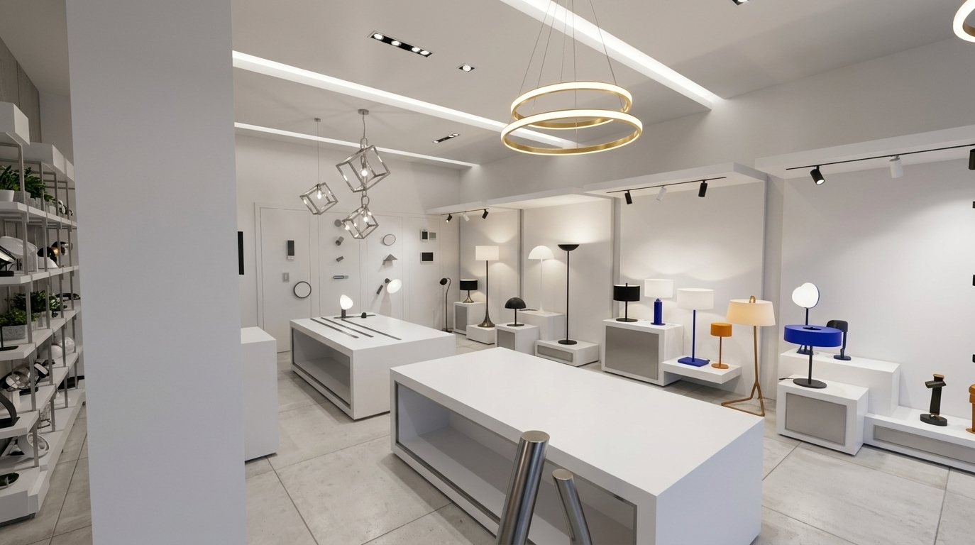 An incredibly lifelike, richly detailed, photorealistic wide-angle interior photograph of a modern fusion lighting showroom and design workshop set in a sleek urban studio. The scene is illuminated by suspended double-ring golden LED halo fixtures, crisp recessed cove lighting, and targeted display spots, creating a clean, dynamic, and sophisticated atmosphere. Captured with a 24mm architectural lens on a full-frame camera, emphasizing the pristine satin-white finish of the geometric display islands, brushed metallic accents, and large-format pale concrete floor tiles. Modular white display bays showcase an array of contemporary table lamps and minimalist floor lights in bold contrasts of black, white, and vibrant cobalt and amber accents, while suspended geometric wireframe fixtures and subtle touches of lush greenery complete this sleek, industrial-inspired open-concept gallery.