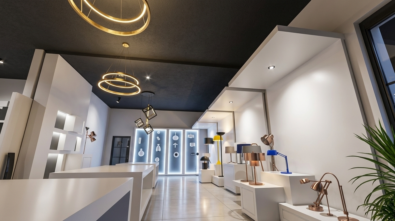 An incredibly lifelike, richly detailed, photorealistic wide-angle interior shot of a modern fusion lighting showroom and design workshop set in an urban, open-concept studio. The scene is illuminated by radiant, gold-finished halo chandeliers, luminous cool-toned backlit display panels, and focused directional spotlights, creating a sleek, dynamic, and sophisticated atmosphere. Captured with a professional full-frame camera and an ultra-wide tilt-shift lens, emphasizing crisp geometric lines, smooth matte-white modular plinths, and deep charcoal textured ceilings. The space features contemporary multi-tiered display blocks showcasing an array of industrial-inspired desk and floor lamps with vibrant yellow, cobalt blue, and brushed metallic accents, while clean ceramic floor tiles reflect the ambient glow alongside subtle pops of lush greenery framing the foreground.