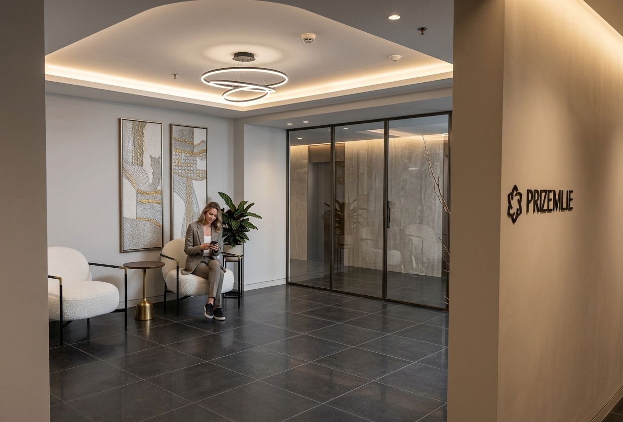 An incredibly lifelike, richly detailed, photorealistic wide-angle interior shot of a boutique hotel lobby lounge set in an upscale contemporary hospitality space. The scene is illuminated by warm, indirect cove lighting, soft recessed ceiling fixtures, and the ambient glow from a sculptural black halo pendant light, creating a sophisticated, refined, and inviting atmosphere. Captured with a professional 24mm tilt-shift architectural lens, emphasizing the rich textures of tailored white bouclé upholstered lounge chairs, slim matte-black metal accents, and deep charcoal polished stone floor tiles. Neutral hues in shades of pearl, soft gray, and champagne envelop the clean-lined walls, which showcase a duo of textured abstract art panels, lush indoor greenery, a sleek accent table, and understated, polished wall signage marking the ground-floor corridor.