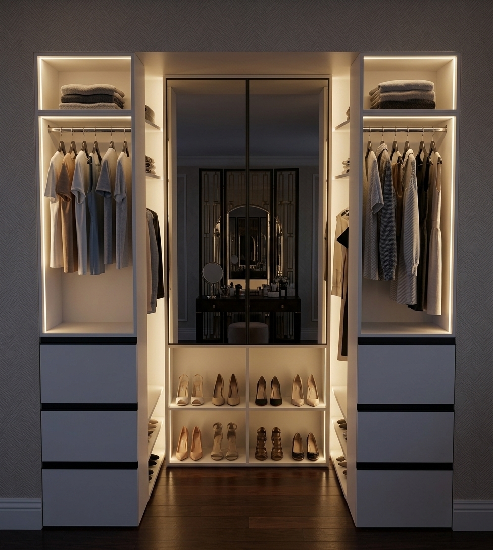 An incredibly lifelike, richly detailed, photorealistic straight-on interior shot of an opulent walk-in closet set in a glamorous Art Deco master dressing suite at night. The scene is illuminated by warm, integrated perimeter LED accent lighting and gentle ambient evening shadows, creating a sophisticated, intimate, and luxurious atmosphere. Captured with a high-end architectural camera and a crisp 35mm lens, emphasizing the pristine matte texture of the Nymphaea Alba white laminated cabinetry contrasted with sleek, matte-black Gola profile integrated handles. A full-height mirrored door in the central section reflects the deep, elegant interior, while flanking modules display neatly organized summer attire on sleek metal hangers, folded cashmere garments on upper shelves, and pristine designer footwear lined along the lower compartmentalized shelving against dark, polished flooring.