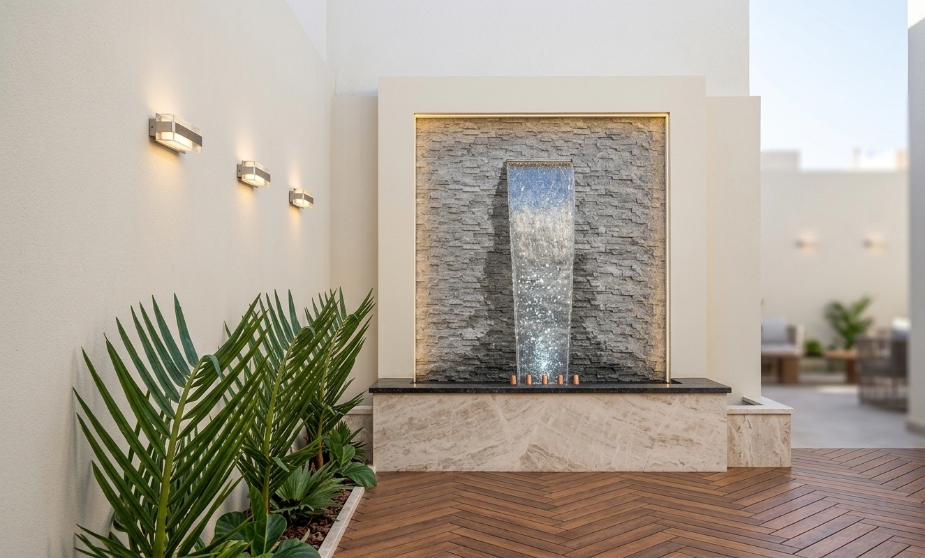 An incredibly lifelike, richly detailed, photorealistic wide eye-level shot of a modern outdoor patio and feature wall fountain set in a serene, minimalist courtyard haven during a bright spring midday. The scene is illuminated by crisp natural overhead daylight paired with the warm, glowing light cast from three sleek modern sconces mounted on the left wall and the soft recessed perimeter LED lighting framing the water feature, creating an exceptionally peaceful, luxurious atmosphere. Captured with a professional 24mm architectural prime lens, emphasizing the tactile, rough-hewn texture of the stacked grey stone, the delicate veining across the light travertine marble border, and the shimmering, crystalline sheet of water cascading into the dark polished stone basin. Lush, vibrant green tropical palm fronds in the planter add a refreshing burst of organic life against the smooth stucco wall, while the rich, herringbone-patterned timber decking anchors the space in refined elegance.