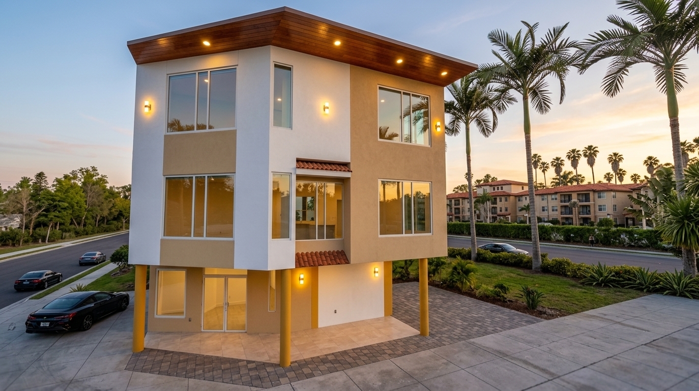 An incredibly lifelike, richly detailed, photorealistic wide-angle architectural photograph of a modern three-story minimalist residence set in a peaceful, palm-lined suburban neighborhood during a radiant spring sunset. The scene is illuminated by the rich, warm golden glow of the dipping sun, harmoniously blending with bright, warm-toned exterior wall sconces and glowing recessed downlights beneath the rich timber roof soffit, creating an inviting, sophisticated, and serene atmosphere. Captured with a 24mm tilt-shift architectural lens, emphasizing the fine textures of smooth white and warm sand-toned stucco, rich polished wood grain under the angular roof overhang, delicate terracotta roof tiles above the intermediate bay, and crisp reflections cast across the expansive glass windows on the upper residential floors. The open-plan ground floor preserves its structural character with bold golden-yellow pilotis supporting the cantilevered living quarters above, sheltering a welcoming tiled entry porch and a clean, minimalist entrance foyer, all framed by manicured spring flora, towering palms, and the quiet, twilight-bathed asphalt streetscape.