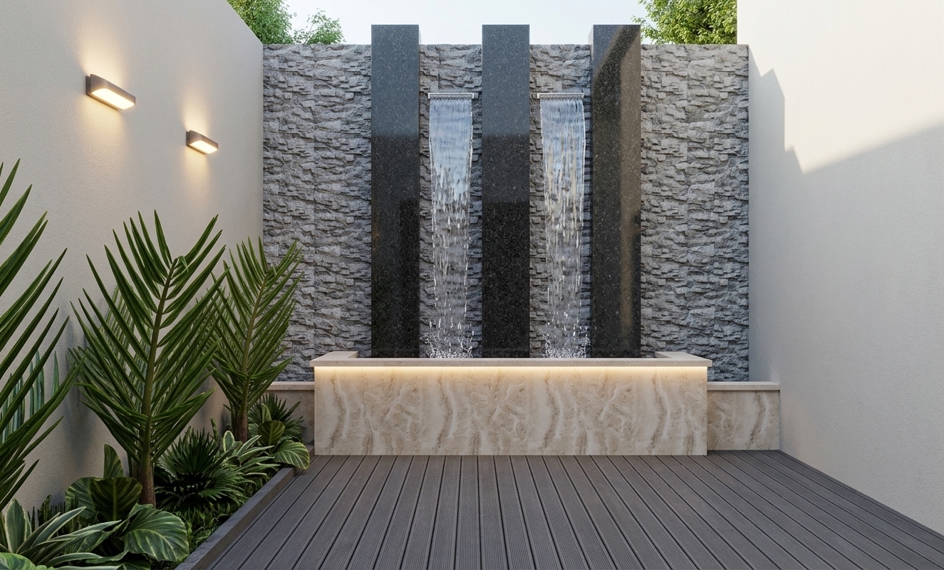 An incredibly lifelike, richly detailed, photorealistic wide-angle landscape photo of a modern fusion outdoor garden water wall set in an elegant contemporary courtyard on a bright spring day. The scene is illuminated by bright midday natural ambient light complemented by the warm, glowing ambient light of the illuminated modern wall sconces mounted on the left stucco wall, creating a tranquil and luxurious atmosphere. Captured with a professional 24mm architectural lens, emphasizing the rich contrast between the rough-cut grey stacked stone backdrop, dark polished granite pillars, smooth backlit travertine basin, cascading crystalline sheets of water, dark grooved composite wood decking, and the lush, vivid greenery of the tropical palm plantings bordering the pathway.