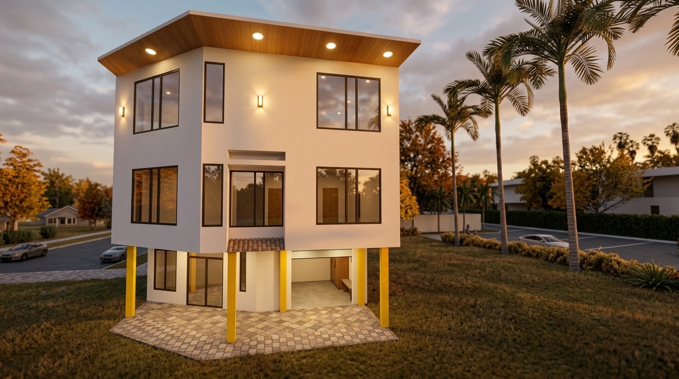 An incredibly lifelike, richly detailed, photorealistic wide-angle architectural photo of a modern three-story corner residence set in a serene suburban landscape during a golden autumn sunset. The scene is illuminated by the low, warm amber glow of the setting sun paired with brilliant, warm-toned exterior wall sconces and radiant ceiling-mounted soffit downlights, creating an inviting, tranquil, and minimalist haven atmosphere. Captured with a professional tilt-shift architectural lens, emphasizing the fine plaster textures, smooth timber-clad roof overhang, and crystalline reflections across the thoughtfully placed glass windows and doors. The ground floor maintains its distinctive vibrant yellow support columns, patterned entry pavement, and welcoming entryway that hints at a sleek, functional interior mudroom space, while the upper levels showcase a balanced interplay of crisp white and soft cream volumes accentuated by the glowing vertical light fixtures against the twilight-tinted, cloud-dappled sky and surrounding autumnal foliage.