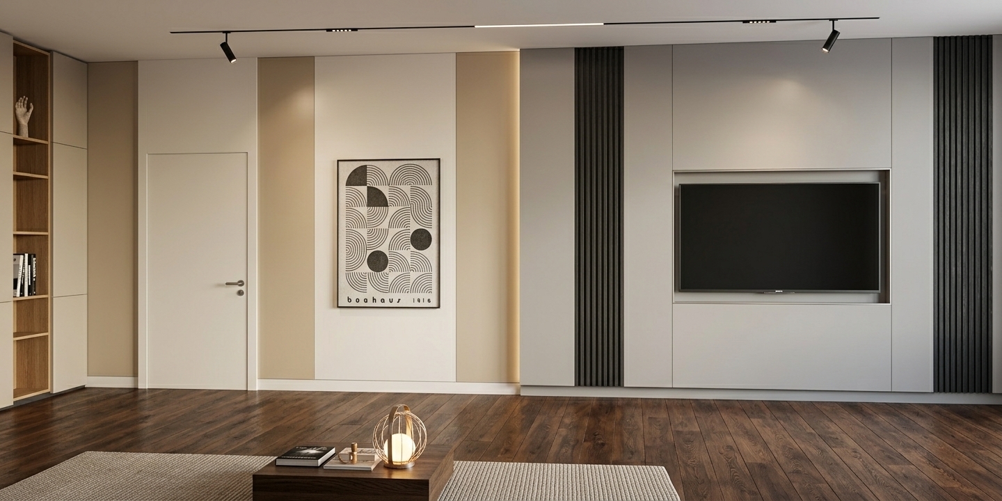 An incredibly lifelike, richly detailed, photorealistic eye-level interior shot of a sophisticated contemporary living and workspace set in an upscale urban residence. The scene is illuminated by sleek overhead magnetic track lights and soft ambient warm glow, creating a refined, understated, and tranquil atmosphere. Captured with a 35mm architectural lens, emphasizing smooth matte wall paneling finished in shades of champagne, warm white, and soft gray, rhythmically accented by dark fluted charcoal vertical slats. A recessed flush-mounted flat-screen television complements a framed monochrome geometric Bauhaus art piece, while rich, dark-stained hardwood flooring anchors the space beneath a tailored, low-pile neutral rug. In the foreground, a minimalist dark wood coffee table displays a curated photography book and a delicate sculptural sphere lantern, seamlessly balancing modern elegance with clean-lined architectural sophistication.