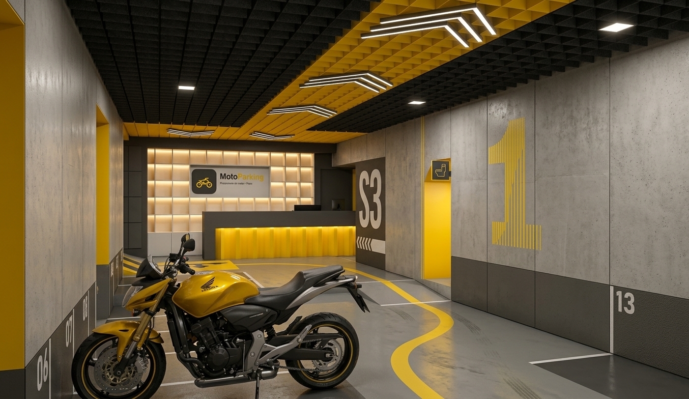 A wide-angle interior photograph of the modern yellow and grey motorcycle parking reception, bathed in clean, bright midday summer overhead lighting. Realistic material textures are highlighted, showing a glossy clear-coat finish and fine metallic reflections on the yellow sport motorcycle, subtle scuffs on the smooth epoxy concrete floor, and realistic matte finishes across the grey wall panels and textured acoustic ceiling baffles. Balanced cool white fluorescent and warm accent illumination cast soft, authentic contact shadows beneath the motorcycle and along the corridor edges, captured with sharp focus, natural dynamic range, and slight lens vignetting.