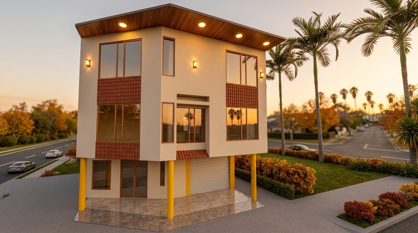 An incredibly lifelike, richly detailed, photorealistic eye-level exterior architectural shot of a contemporary three-story mixed-use corner residence set in a tranquil coastal suburb during the golden hour of an autumn evening. The scene is illuminated by the soft, directional amber glow of the setting sun harmoniously balanced with warm, brilliant wall sconces and circular recessed lights mounted within the rich natural wood soffit of the overhanging roof, creating an inviting, sophisticated, and tranquil atmosphere. Captured with a high-end full-frame camera and a 24mm tilt-shift architectural lens, emphasizing crisp geometry, smooth beige plaster facades complemented by deep earthy terracotta accent finishes, flawless glass reflections, and vivid yellow ground-floor structural columns supporting the cantilevered upper living quarters. The upper residential levels present clean minimalist lines around precisely positioned timber-trimmed panoramic windows, while the ground floor maintains its distinctive storefront entrance, roller door, and polished paving, all framed by silhouetted palm trees, manicured autumn greenery, and quiet neighborhood streets receding into the soft sunset haze.