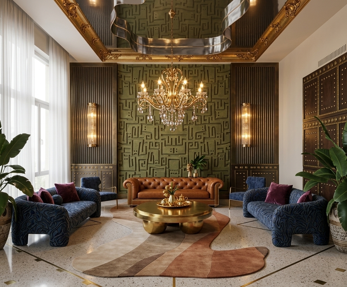 An incredibly lifelike, richly detailed, photorealistic wide-angle interior shot of an opulent, eclectic grand living room set in a stately luxury manor. The scene is illuminated by the warm, glittering radiance of an ornate French-inspired gilded chandelier and vertical brass wall sconces, balanced by soft, diffused daylight pouring through floor-to-ceiling sheer drapery, creating an atmospheric, romantic, and richly layered ambiance. Captured with a high-end full-frame camera and a 24mm architectural lens, emphasizing tactile material textures, polished reflections, and sculptural depths throughout the space. At the focal center, a classic tufted cognac-leather Chesterfield sofa rests against a dramatic olive-green textural accent wall featuring labyrinthine bas-relief carvings, complemented by a pair of plush, deep-blue organically patterned sofas adorned with rich plum velvet throw pillows. An artistic, fluidly contoured layered rug in earthy neutrals and terracotta anchors a low, circular brass coffee table adorned with an ornate golden tea service, while an avant-garde liquid-mirror ceiling insert framed by elaborate baroque gold-leaf moldings dramatically reflects the room's intricate geometry. Lush potted indoor foliage on either side introduces vibrant organic warmth, harmonizing the sophisticated interplay of classical European elegance, dark metallic ribbed paneling, and polished terrazzo flooring in breathtaking fidelity.
