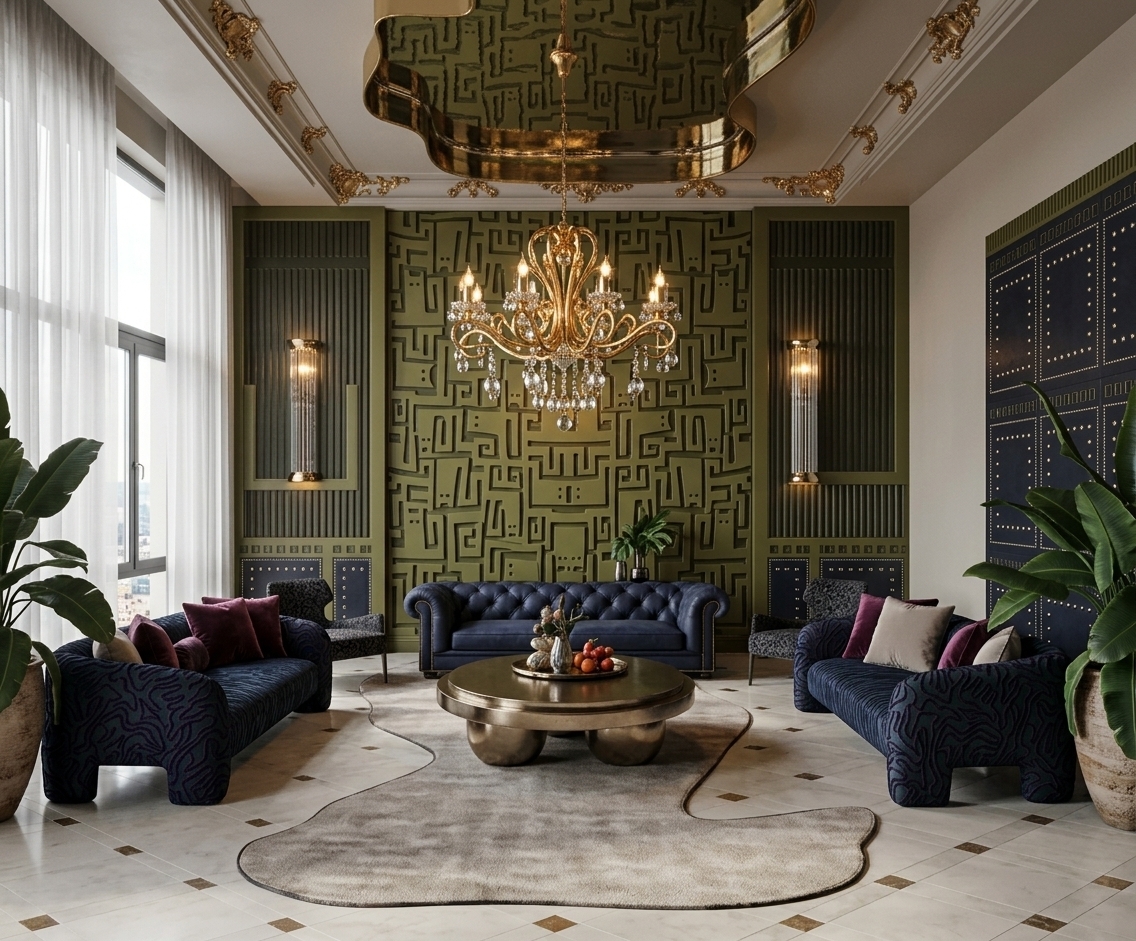 An incredibly lifelike, richly detailed, photorealistic wide-angle interior shot of a lavish living room radiating Art Deco glamour, set in an opulent contemporary penthouse. The scene is illuminated by soft, diffused daylight streaming through sheer-curtained windows alongside the warm, ambient glow of an extravagant gilded crystal chandelier and sleek wall sconces, creating a bold, moody, and sophisticated atmosphere. Captured with a professional full-frame architectural camera using a 24mm tilt-shift lens, emphasizing the rich interplay of polished surfaces, tactile fabrics, and ornate craftsmanship, the symmetrical and streamlined composition showcases a central deep-button tufted leather Chesterfield sofa positioned against a striking, geometric olive-green graphic relief wall. Surrounding a low-profile, lacquered metallic coffee table set atop a chic, fluid-form textured area rug are deep jewel-toned navy upholstered sofas with squiggly tactile patterns, accented by rich plum velvet cushions and sleek accent chairs. Towering potted indoor plants bring vibrant organic contrast to the dark studded wall panels, while the gilded decorative crown moldings frame a dramatic, liquid-mirrored ceiling recess that reflects the extravagant gold and jewel tones of the space, completing an exquisitely styled and luxurious interior environment.
