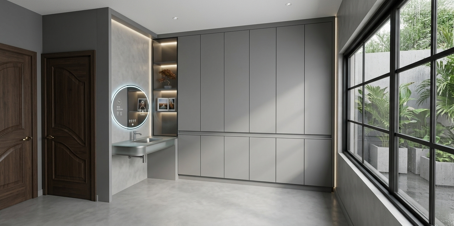 An incredibly lifelike, richly detailed, photorealistic wide-angle interior shot of a minimalist Digital Zen walk-in closet set in a sleek, high-tech luxury residence. The scene is illuminated by soft natural light streaming through the large black-framed grid window, balanced by ambient neon edge-lighting glowing behind a floating circular smart mirror and integrated cabinetry recesses, creating a tranquil and futuristic atmosphere. Captured with a 24mm architectural lens, emphasizing the seamless matte-gray cabinetry panels, polished microcement flooring, and pristine, uncluttered surfaces. A streamlined floating vanity shelf crafted from frosted glass and brushed metal rests beside the expansive wardrobe wall, showcasing an open photography book and a minimalist indoor bonsai on the adjacent display shelving, blending cyberpunk elegance with serene modern aesthetics.