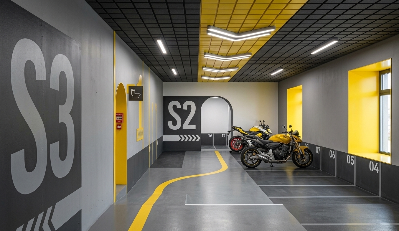 A crisp architectural photograph of this indoor motorcycle garage under bright summer midday light. Natural daylight subtly enters the space, blending with the 4000K overhead LED fixtures along the yellow acoustic ceiling to cast realistic shadows and accurate ambient occlusion. Surfaces exhibit authentic material physics: smooth epoxy floor finishes showing faint tire scuffs, realistic metallic paint and chrome reflections on the parked motorcycles, and eggshell-finish painted walls with crisp signage. Captured with a sharp architectural wide-angle lens, natural contrast, micro-textures, and subtle optical imperfections.