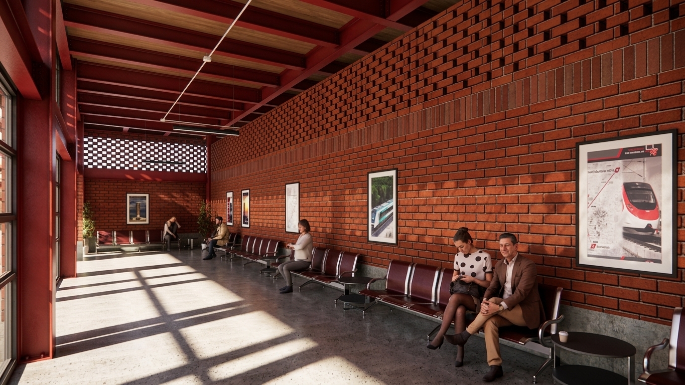 The photo captures a vibrant, high-ceilinged interior that embodies a strong industrial loft aesthetic, repurposed as a dynamic coworking space. The dominant feature is a long wall constructed from rich, red-hued exposed bricks, featuring a striking decorative frieze of staggered bricks along its upper section, adding texture and visual interest. This rustic material is balanced by the smooth, light-toned polished concrete or screed floor, which is dramatically illuminated by bright, directional sunlight streaming from the left, casting sharp, elongated shadows that slice across the floor, creating a dynamic interplay of light and dark.

Above, an exposed ceiling structure of robust, crimson-red beams and purlins is visible, contrasting with a dark grey or black ceiling plane, further emphasizing the industrial character. Linear modern light fixtures are subtly integrated, providing ambient illumination. Along the brick wall, a series of framed artworks and informational posters, some depicting modern trains or urban landscapes, add points of visual interest and break the expanse of brick. A continuous row of sleek, dark burgundy or maroon upholstered bench seats with polished metal frames extends along the wall, offering comfortable seating for individuals within this communal coworking area. Small, minimalist black circular side tables are interspersed between groups of seats, convenient for drinks or personal items.

Several individuals are seated, some engaged with their phones, others in quiet conversation, lending a realistic sense of activity and the casual, collaborative atmosphere expected in a coworking environment. Towards the left of the frame, large vertical elements in the same vibrant red as the ceiling structure frame an opening, beyond which a patterned screen or window with a grid design allows diffused light to enter, contributing to the bright ambiance. Potted green plants are strategically placed, introducing a touch of natural life and softening the robust architectural materials. The overall composition emphasizes the depth and length of the space, portraying a modern, functional, and aesthetically pleasing industrial loft transformed into a welcoming and productive coworking hub.
