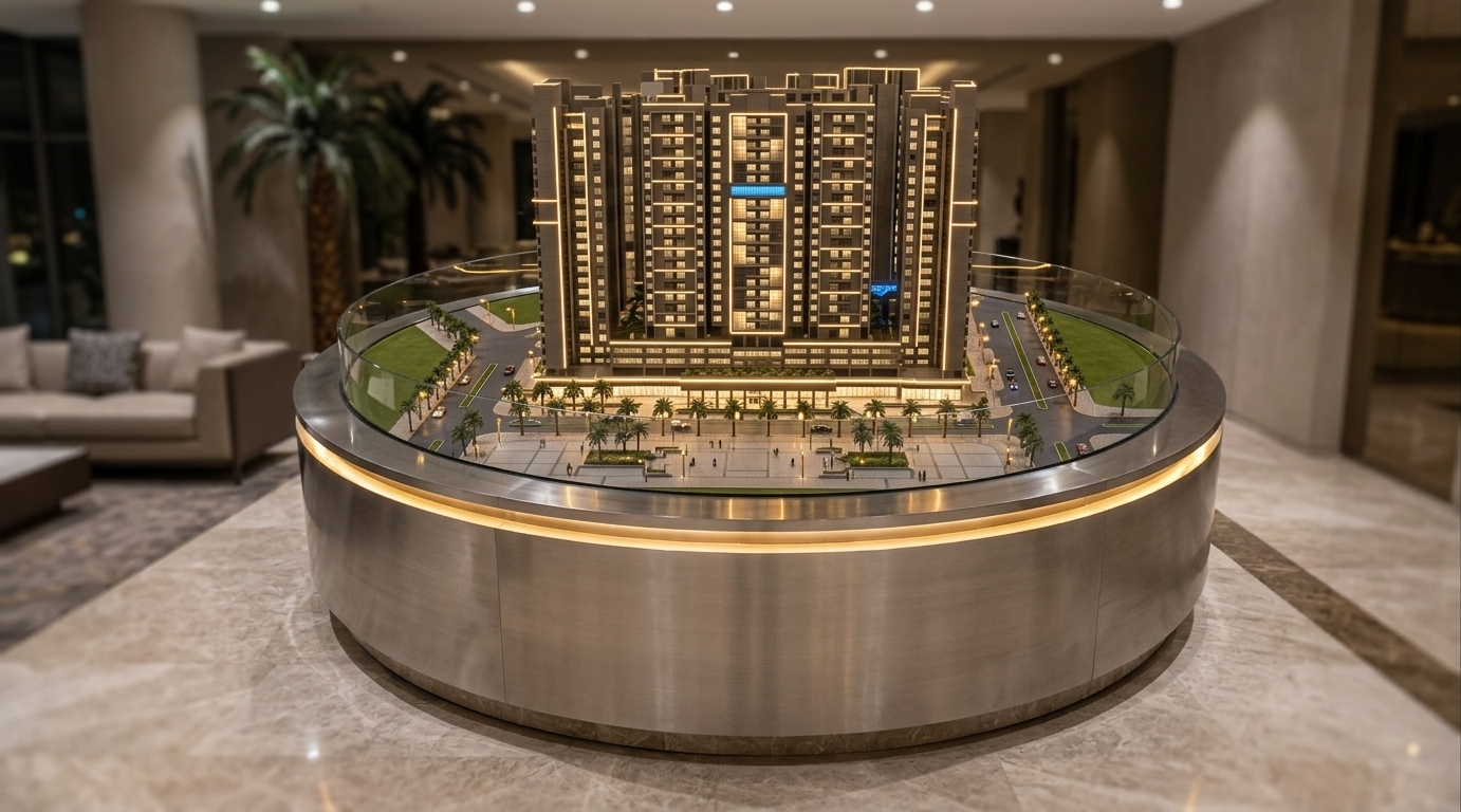 An incredibly lifelike, richly detailed, photorealistic architectural showcase shot of a modern high-rise urban complex diorama set in an upscale hotel lobby. The scene is illuminated by ambient interior spotlights combined with vibrant warm-toned LED accent lighting tracing the original facade lines, balconies, and the glowing rim of the circular display base, creating a sophisticated and luxurious atmosphere. Captured with a high-resolution 50mm tilt-shift lens, emphasizing the building's authentic earthy-gray composite panels, seamless transparent tempered glass curved perimeter, precision-detailed ground-level plazas with miniature palm trees, and the sleek, modern fusion aesthetic of the architectural presentation.