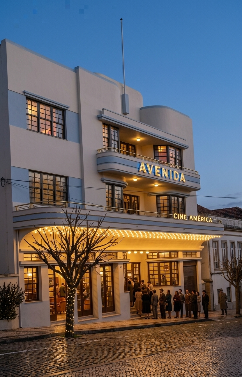 An incredibly lifelike, richly detailed, photorealistic exterior night shot of a restored Streamline Moderne cinema set in a charming Mediterranean town square. The scene is illuminated by the warm golden glow of vintage marquee bulbs, sleek neon lettering reading "CINE AMÉRICA," and ambient streetlights casting long cinematic shadows, creating an inviting, nostalgic evening atmosphere. Captured with a 35mm f/1.8 architectural lens, emphasizing the smooth plaster facade, sweeping curved balconies, multi-pane steel windows, and glistening cobblestone pavement. A lively crowd forms an orderly queue beneath the massive cantilevered canopy to enter the theater, flanked by illuminated brass vitrines displaying colorful vintage movie posters in Portuguese ("Sessão das Oito: Em Cartaz"). Through the ground-floor glazed doors, glimpses of a cozy retro lounge and entertainment salon with polished terrazzo floors and velvet accents welcome patrons into a golden age of cinema.