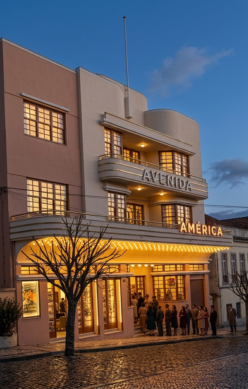 An incredibly lifelike, richly detailed, photorealistic architectural street-level shot of a restored Streamline Moderne cinema transformed into a vibrant cultural exhibition space set in a historic town at twilight. The scene is illuminated by glowing golden incandescent canopy bulbs and luminous signage contrasting against the deep blue dusk sky, creating a nostalgic, elegant, and cinematic atmosphere. Captured with a 35mm tilt-shift architectural lens, emphasizing smooth pastel-toned stucco finishes, rounded Art Deco balconies with polished brass railings, and bold neon lettering that brightly reads **"AMÉRICA"** along the upper tier. Framed, backlit display cases mounted on the ground-floor facade exhibit classic movie posters in Portuguese, while large multi-paned windows reveal a warm, minimalist exhibition haven inside, all framed above a charming, reflective cobblestone street where patrons gather in the evening light.