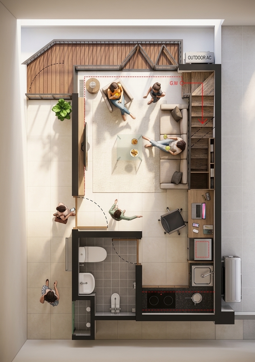 An incredibly lifelike, richly detailed, photorealistic top-down architectural view of a contemporary loft hotel suite set in Surabaya, East Java. The scene is illuminated by radiant, natural midday spring sunlight streaming through the floor-to-ceiling glass balcony doors, creating a warm, vibrant, and homy atmosphere. Captured with a high-resolution wide-angle architectural lens, emphasizing crisp textures from the polished 60x60 cm light ceramic flooring to the 10 cm rich wooden decking on the corner balcony. In the heart of the suite, a soft cream area rug anchors the living zone, where one young woman reclines on a stylish sectional sofa enjoying a glass of iced melon and snacks from a glass coffee table, while a friend relaxes in an adjacent armchair sipping fresh orange juice near the mounted flatscreen TV. Another friend enters through the modern doorway from the bright tiled hallway corridor, while a companion strolls outside along the outer walkway. The compact L-shaped kitchenette features an electric induction cooktop, stainless steel sink, and water dispenser, leading to a dedicated study desk set with an open laptop, phone, and stationery. Adjacent, space-saving bookshelves nestle neatly beneath the wood-grain granite mezzanine stairs framed by sleek dark-grey iron railings, while the enclosed bathroom showcases neat 20x20 cm matte grey tiles, modern sanitary fittings, and an elegant glass shower enclosure.