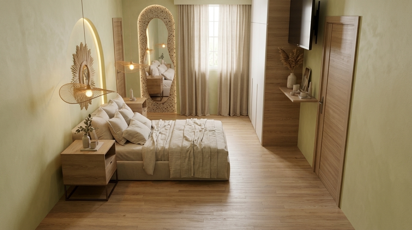 An incredibly lifelike, richly detailed, photorealistic wide-angle interior shot of a Japanese Zen-inspired boutique hotel room set in a peaceful sanctuary. The scene is illuminated by soft, diffused daylight filtering through natural beige linen drapery and complemented by warm, gentle accent lighting from a delicate woven pendant lamp and back-lit arch niches, creating a harmonious and deeply tranquil atmosphere. Captured with a 24mm architectural wide-angle lens, emphasizing the organic tactile textures of warm light oak flooring, matte lime-wash plaster walls, and earthy mosaic tile detailing behind the plush, linen-dressed platform bed. An arched, undulating full-length mirror stands flush against the far wall, casting crisp, authentic reflections of the serene interior, while seamless minimalist wooden cabinetry, an integrated vanity shelf with delicate ceramic decor, and clean, balanced lines complete this cohesive, restful haven.