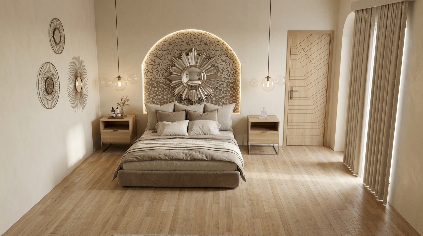 An incredibly lifelike, richly detailed, photorealistic wide-angle interior photograph of a serene Scandinavian-inspired sanctuary bedroom set in a tranquil, sunlit home. The scene is illuminated by soft, diffused natural daylight balanced with gentle, warm ambient glow from delicate pendant lights and a backlit sunburst mirror, creating a peaceful, warm, and restorative atmosphere. Captured with a high-end full-frame camera and a 24mm architectural lens, emphasizing tactile textures of smooth lime-washed walls, rich linen bedding, and light natural oak parquet flooring. In the center, a minimalist bed layered with plush taupe and ivory textiles rests against a sophisticated arched alcove lined with earthy mosaic tiles, centered by a radiant decorative mirror with crisp, realistic reflections. Matching light-wood floating nightstands, subtle organic wall art, a seamlessly integrated geometric wooden door, and heavy floor-to-ceiling textured curtains complete this harmonious, deeply relaxing interior composition.