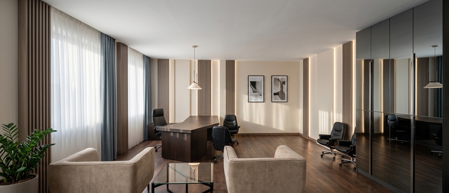 An incredibly lifelike, richly detailed, photorealistic wide-angle interior architectural shot of a luxury modern executive study room set in a contemporary office suite. The scene is illuminated by gentle natural daylight filtering through floor-to-ceiling white sheer tulle paired with elegant bluish-grey curtains, complemented by soft recessed ceiling spotlights and subtle ambient LED backlighting nestled behind the vertical MDF wall panels, creating an atmosphere of refined elegance and focused professionalism. Captured with a professional full-frame camera and a 24mm tilt-shift architectural lens, emphasizing rich tactile textures, crisp reflections, and immaculate craftsmanship. 

The floor is finished in rich, deep brown deck-style planks that stretch toward a grand, dark brown angular executive desk paired with a sleek black ergonomic chair and stylish guest seating, illuminated by a minimalist contemporary pendant fixture above. Across the back and side walls, full-height vertical MDF panels accent the warm milky-toned walls, which feature a pair of modern framed art prints. To the right, towering document cabinets with reflective graphite mirror doors subtly mirror the space with sophisticated depth, while the foreground showcases an intimate meeting nook of two plush light-beige suede armchairs flanking a low glass coffee table, beautifully balanced by a lush green indoor plant in a floor planter to the far left.