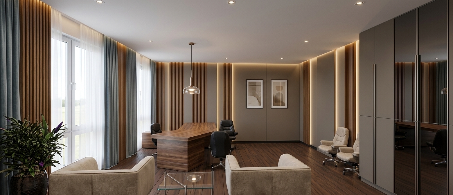 An incredibly lifelike, richly detailed, photorealistic wide-angle interior shot of a modern executive study room set in a sophisticated corporate penthouse. The scene is illuminated by soft daylight diffusing through sheer white tulle and warm, hidden LED accent lighting along vertical wall panels, complemented by discreet recessed ceiling spotlights, creating an elegant, focused, and prestigious atmosphere. Captured with a professional 24mm tilt-shift architectural lens, emphasizing tactile suede textures, rich timber grains, and sleek reflective surfaces. 

In the center commands a distinctive dark brown geometric executive desk paired with a sleek black leather ergonomic chair, crowned by a minimalist pendant light. The left side is framed by large white-framed windows draped in refined bluish-grey curtains, next to a lush potted plant in the foreground. The flooring features deep brown deck-style planks that contrast beautifully with the milky-white walls and full-height MDF accent paneling behind the desk and along the right wall. Sleek tall cabinets with tinted graphite mirror doors line the right side beside twin contemporary art posters. In the foreground, two tailored light-beige suede armchairs flank a modern glass coffee table, seamlessly tying together the room's luxurious modern-fusion aesthetic.