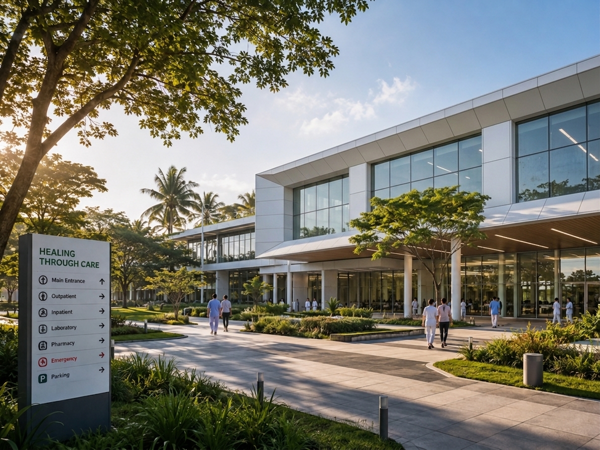 A bright architectural photograph captured with a 35mm tilt-shift lens, showcasing the modern healthcare facility under warm late-afternoon sunlight. The building retains its precise layout and lush tropical landscaping, with the upper floor converted into an enclosed space featuring clean matte-white architectural panels and reduced glass framing. Realistic photographic nuances ground the scene, including soft sunlight filtering through the tree canopy, subtle concrete paving textures, natural reflections, faint atmospheric haze, and gentle optical vignetting.